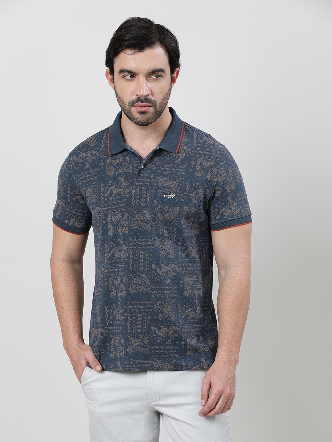 

Crocodile Abstract Printed Polo Collar Cotton Slim Fit T-shirt, Navy blue