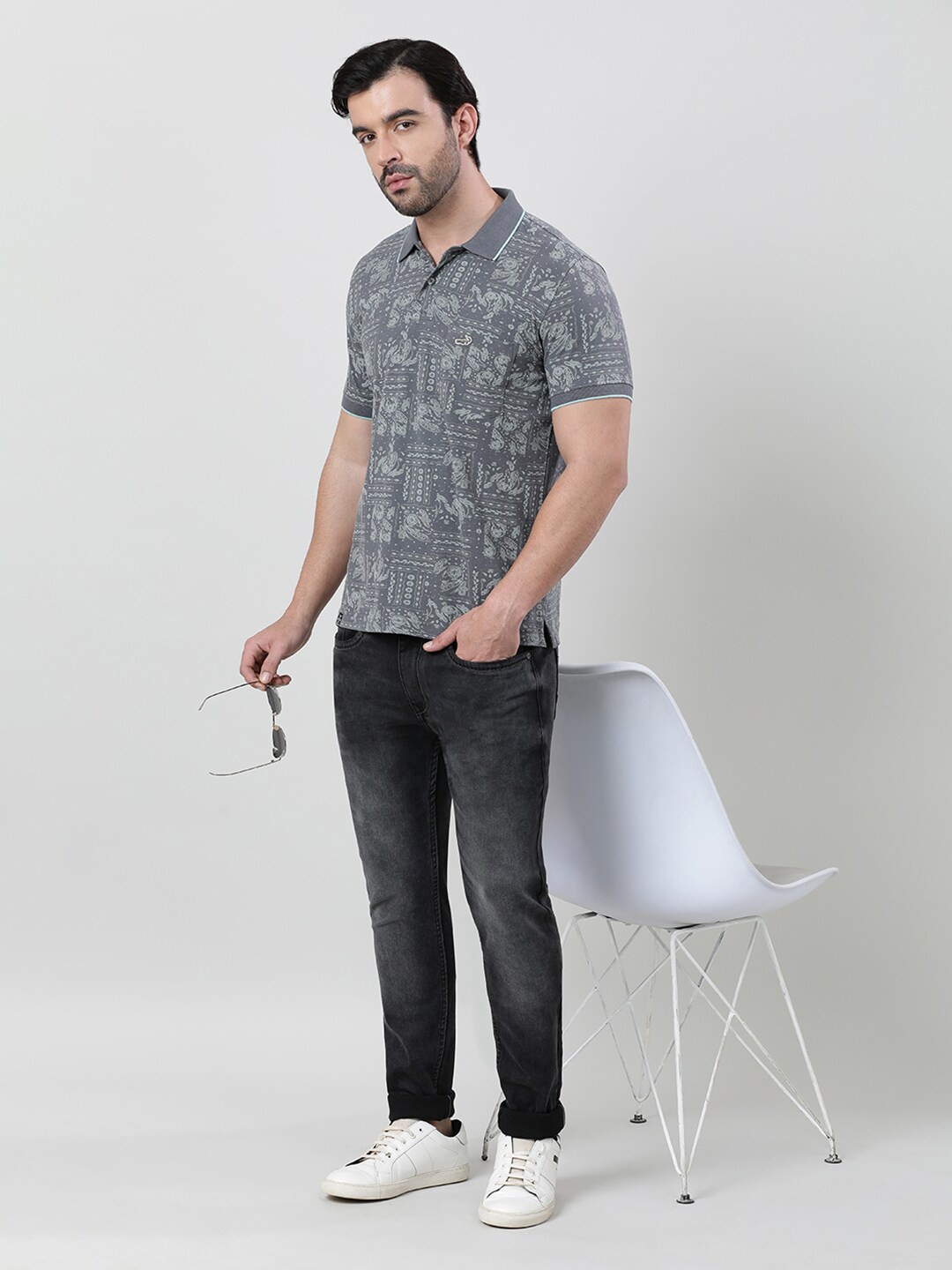 

Crocodile Abstract Printed Polo Collar Slim Fit T-shirt, Grey