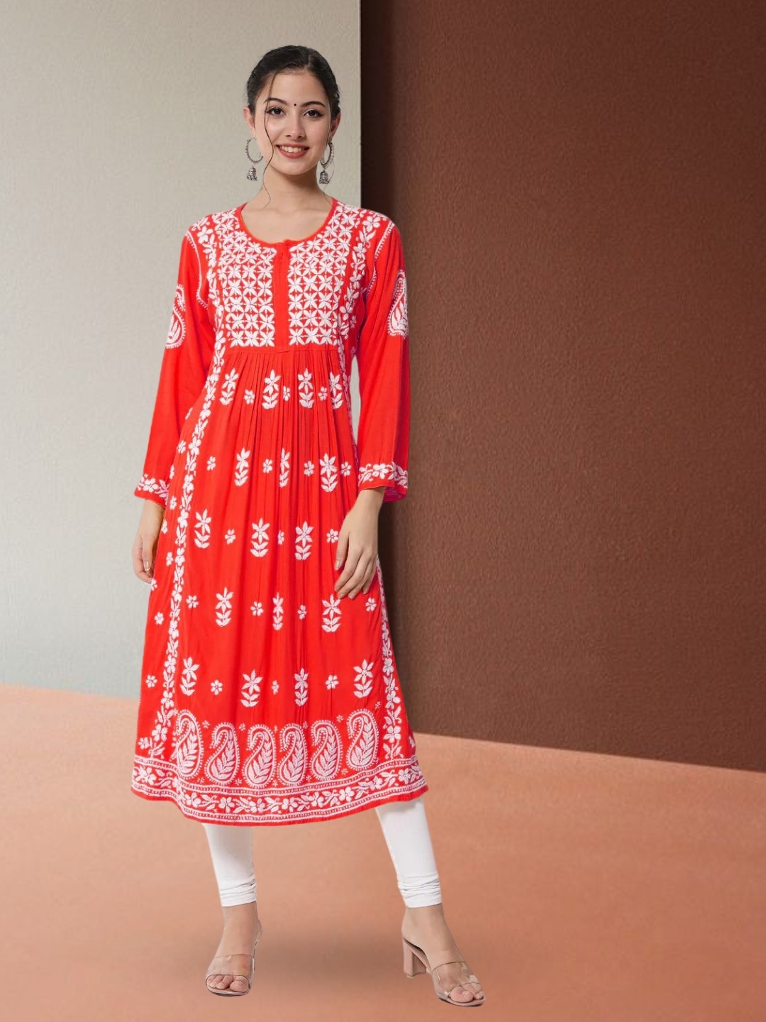 

PARAMOUNT CHIKAN Ethnic Motifs Embroidered Chikankari A Line Kurta, Red