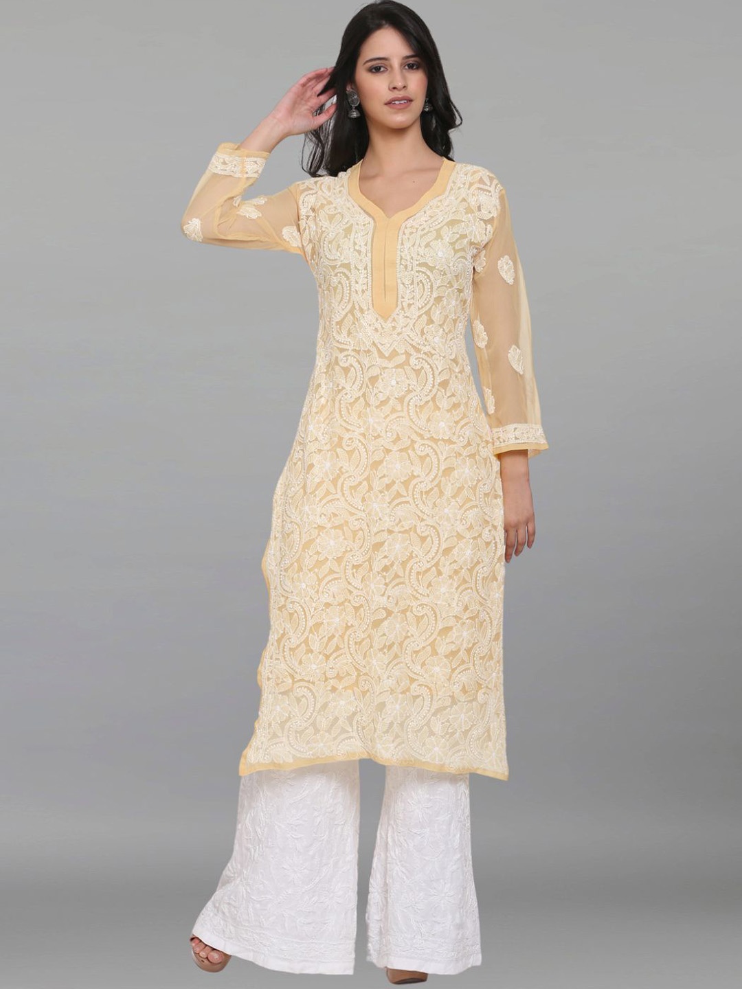 

PARAMOUNT CHIKAN Floral Embroidered Chikankari Georgette Straight Kurta, Beige