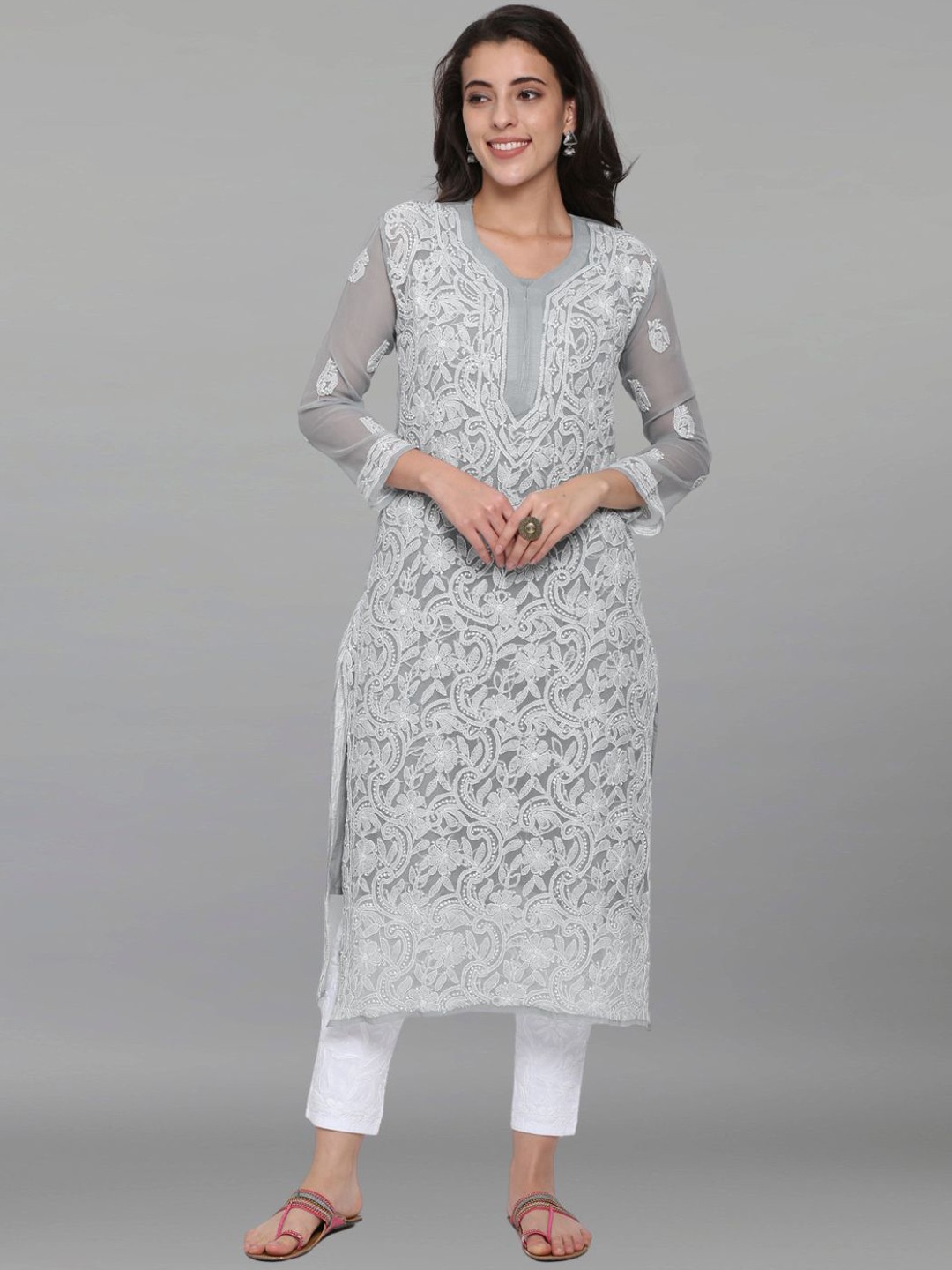 

PARAMOUNT CHIKAN Floral Embroidered Chikankari Georgette Straight Kurta, Grey