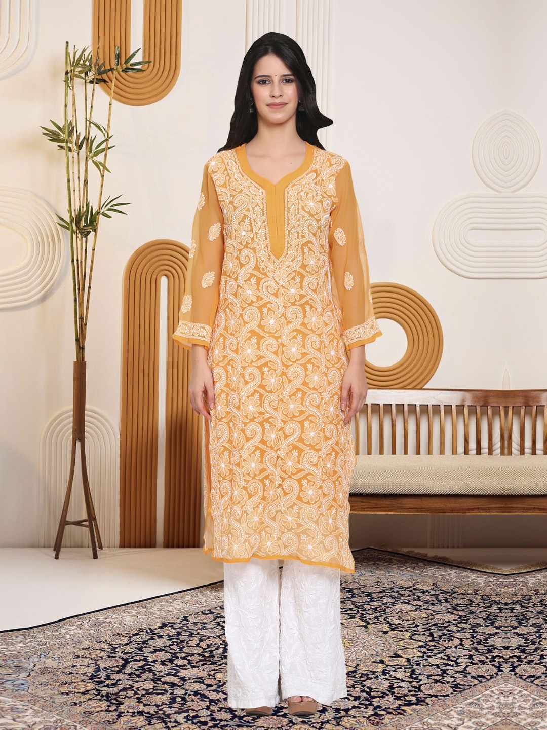 

PARAMOUNT CHIKAN Embroidered Thread Work Lucknowi Chikankari Georgette Kurta With Slip, Orange