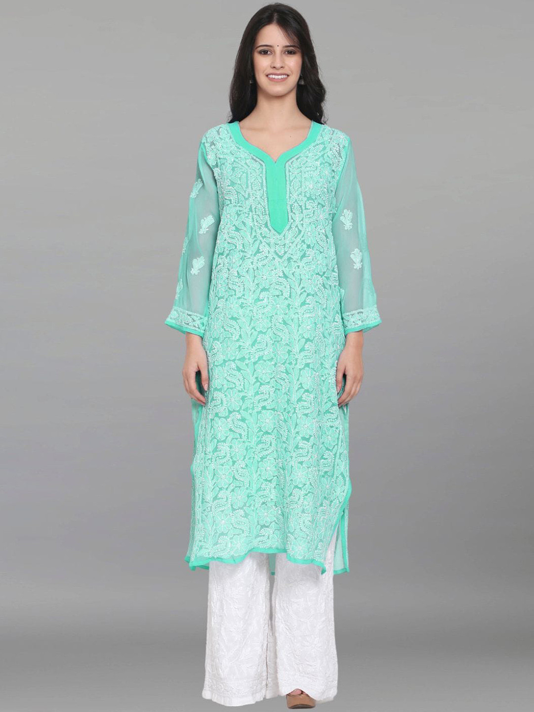 

PARAMOUNT CHIKAN Embroidered Lucknowi Chikankari Georgette Kurta With Slip, Sea green