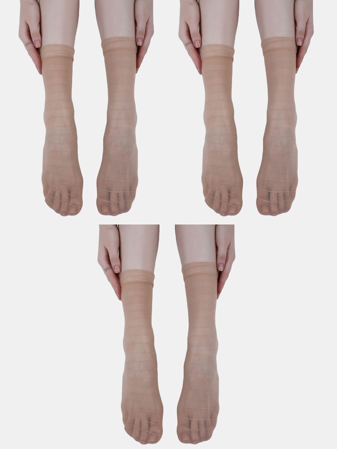 

N2S NEXT2SKIN Women Pack Of 3 Striped Ankle Length Socks, Beige