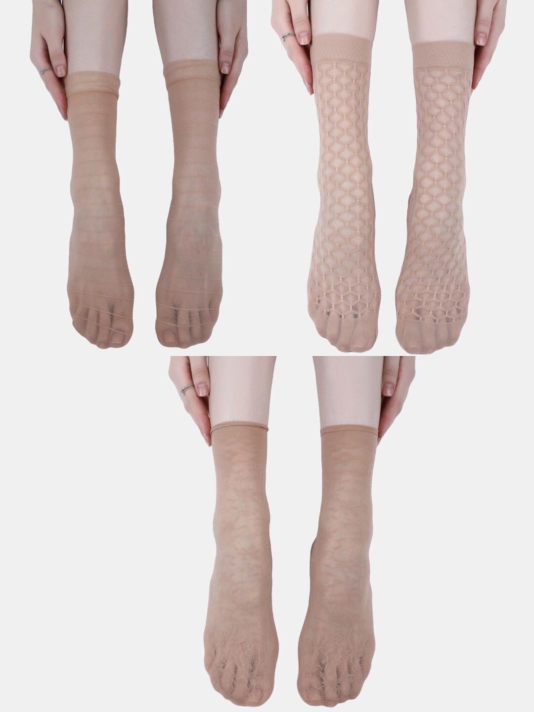 

N2S NEXT2SKIN Women Pack Of 3 Sheer Pattern Ankle Length Socks, Beige