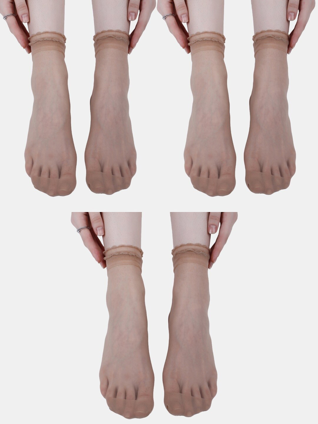 

N2S NEXT2SKIN Women Pack Of 3 Sheer Frill Ankle-Length Socks, Beige