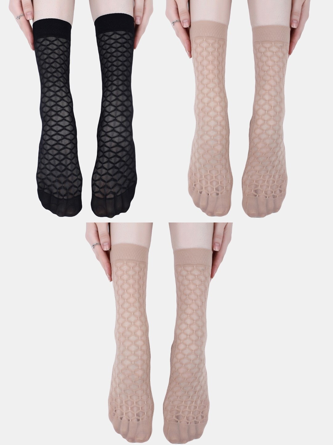 

N2S NEXT2SKIN Women Pack Of 3 Self-Designed Calf-Length Socks, Black
