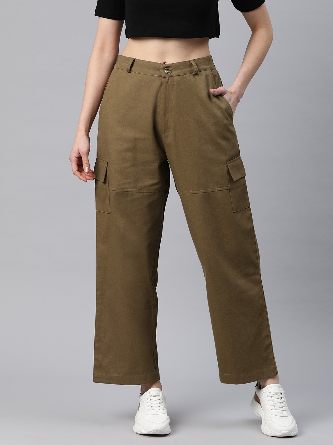 

Popnetic Flat-Front High-Rise Pure Cotton Cargos, Khaki