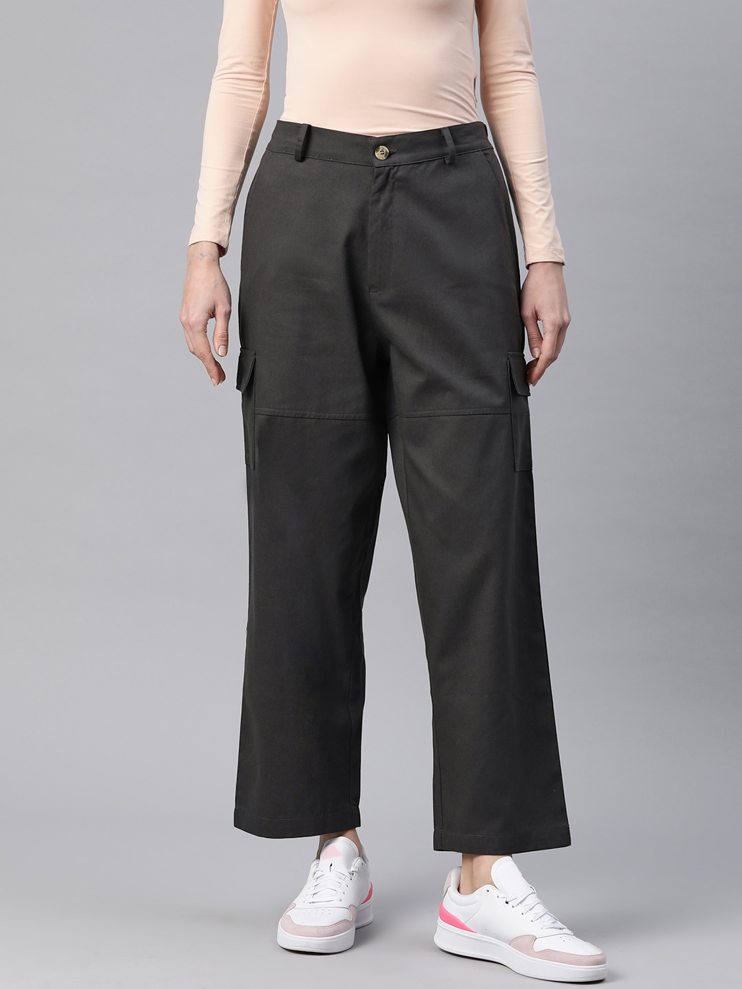 Popnetic Flat-Front High-Rise Pure Cotton Cargos, Charcoal