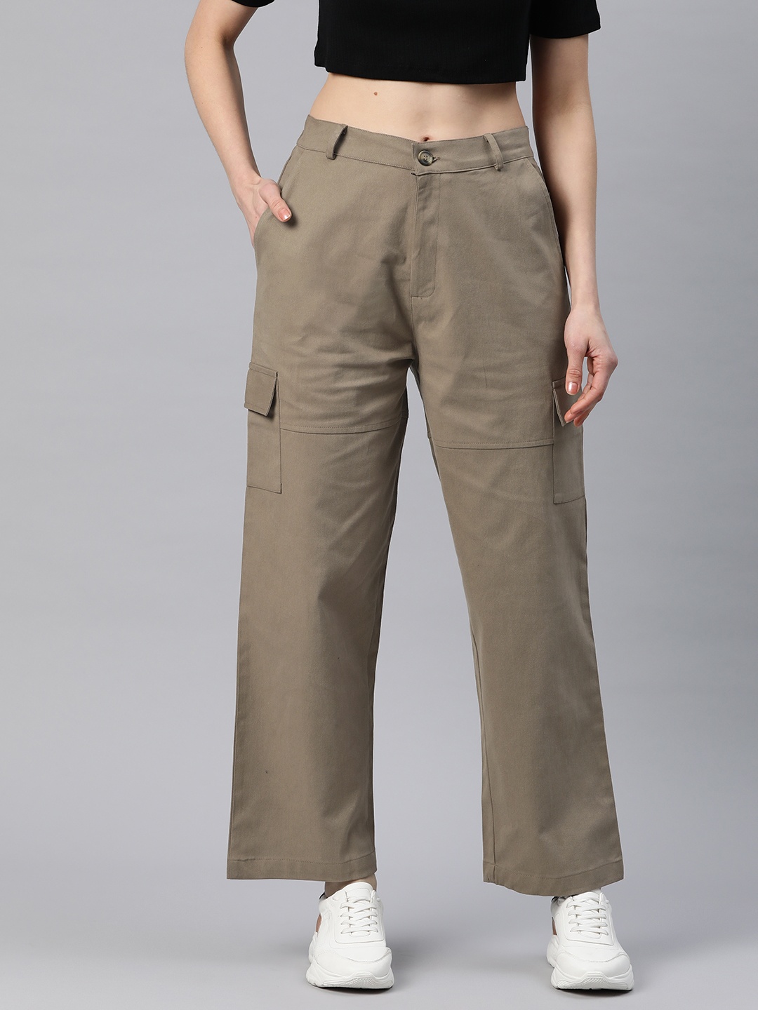 

Popnetic Flat-Front High-Rise Pure Cotton Cargos, Taupe