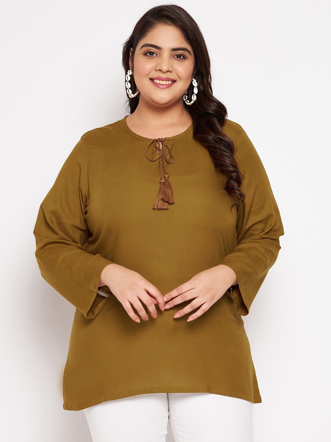 

VINAAN Plus Size Tie-Up Neck Long Sleeves Top, Brown