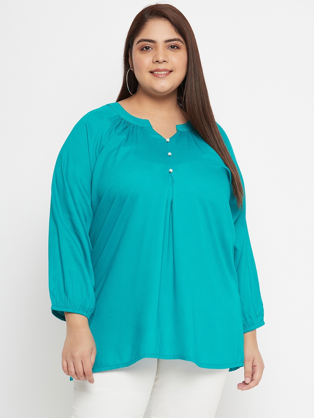 

VINAAN Plus Size Mandarin Collar Puff Sleeve Top, Turquoise blue