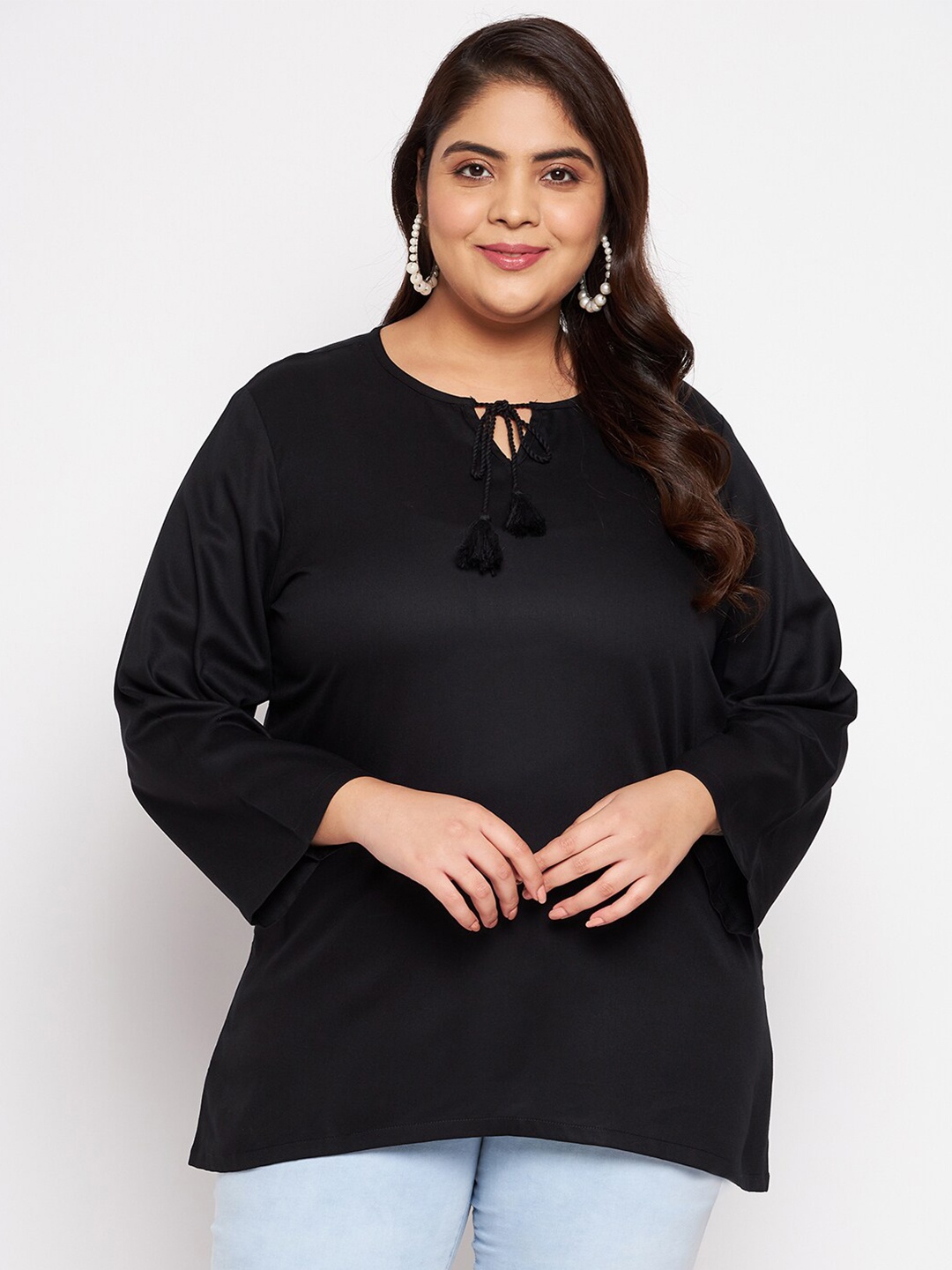 

VINAAN Plus Size Tie-Up Neck Long Sleeves Casual Top, Black