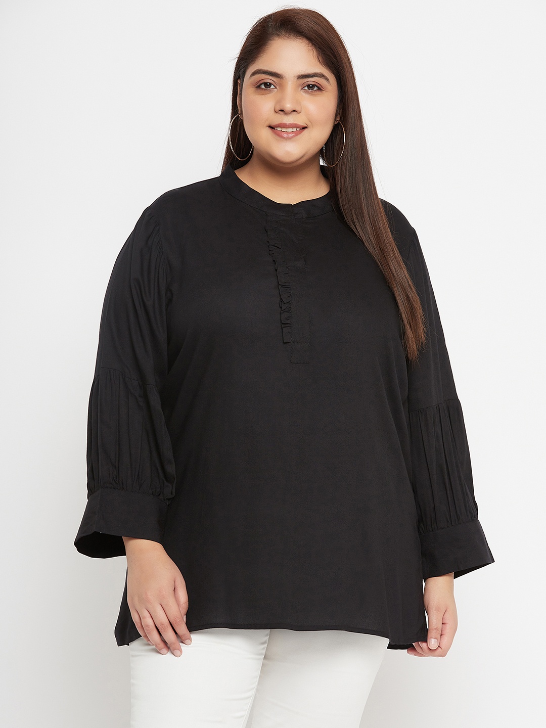 

VINAAN Plus Size Mandarin Collar Puff Sleeve Top, Black