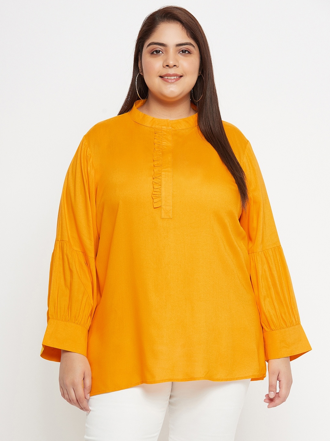 

VINAAN Plus Size Mandarin Collar Puff Sleeve Top, Orange