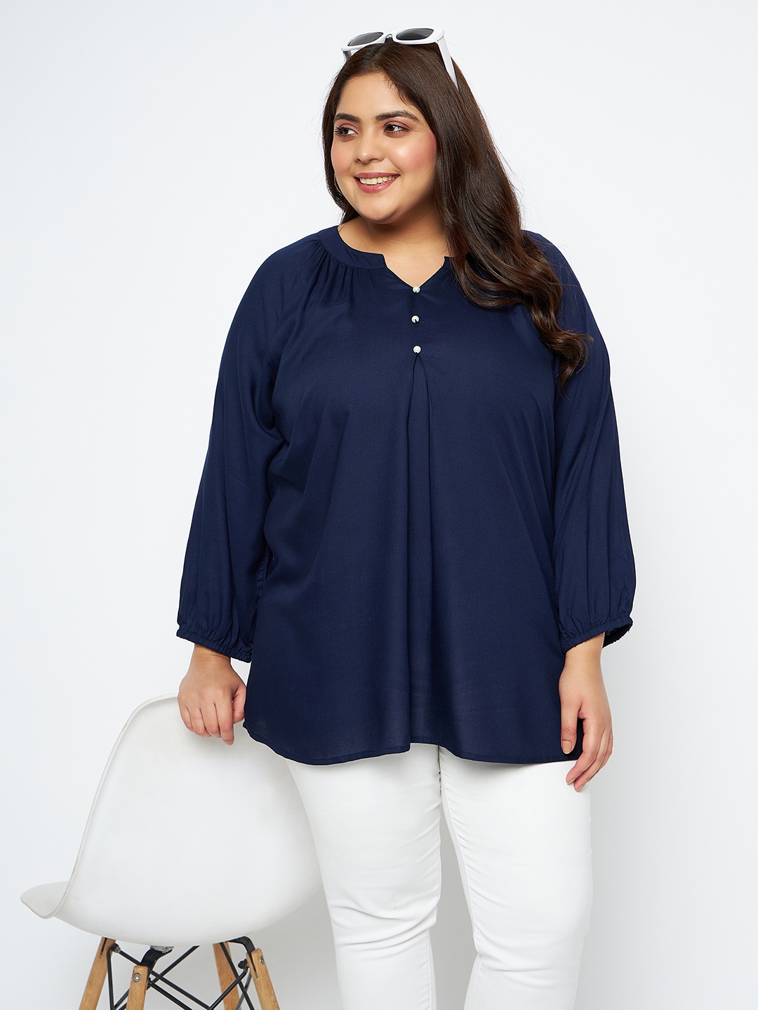 

VINAAN Plus Size Mandarin Collar Puff Sleeve Top, Navy blue