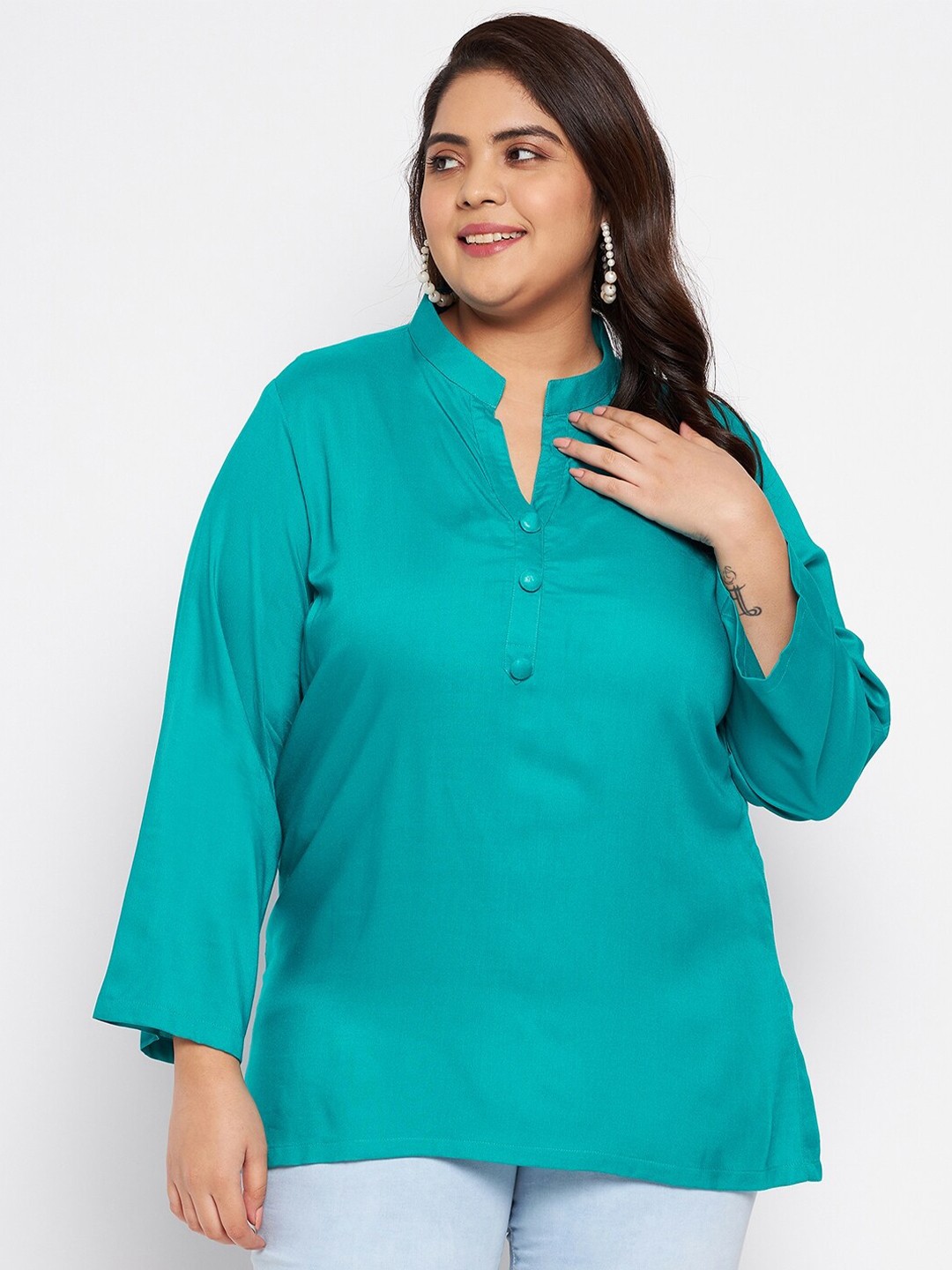 

VINAAN Plus Size Band Collar Puff Sleeves Shirt Style Top, Teal