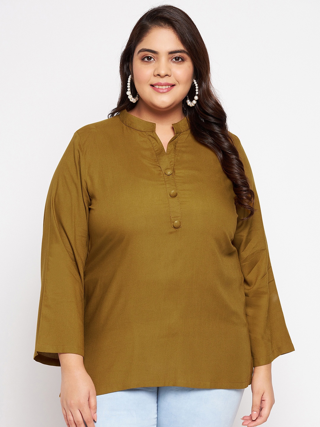 

VINAAN Mandarin Collar Long Sleeves Opaque Top, Brown