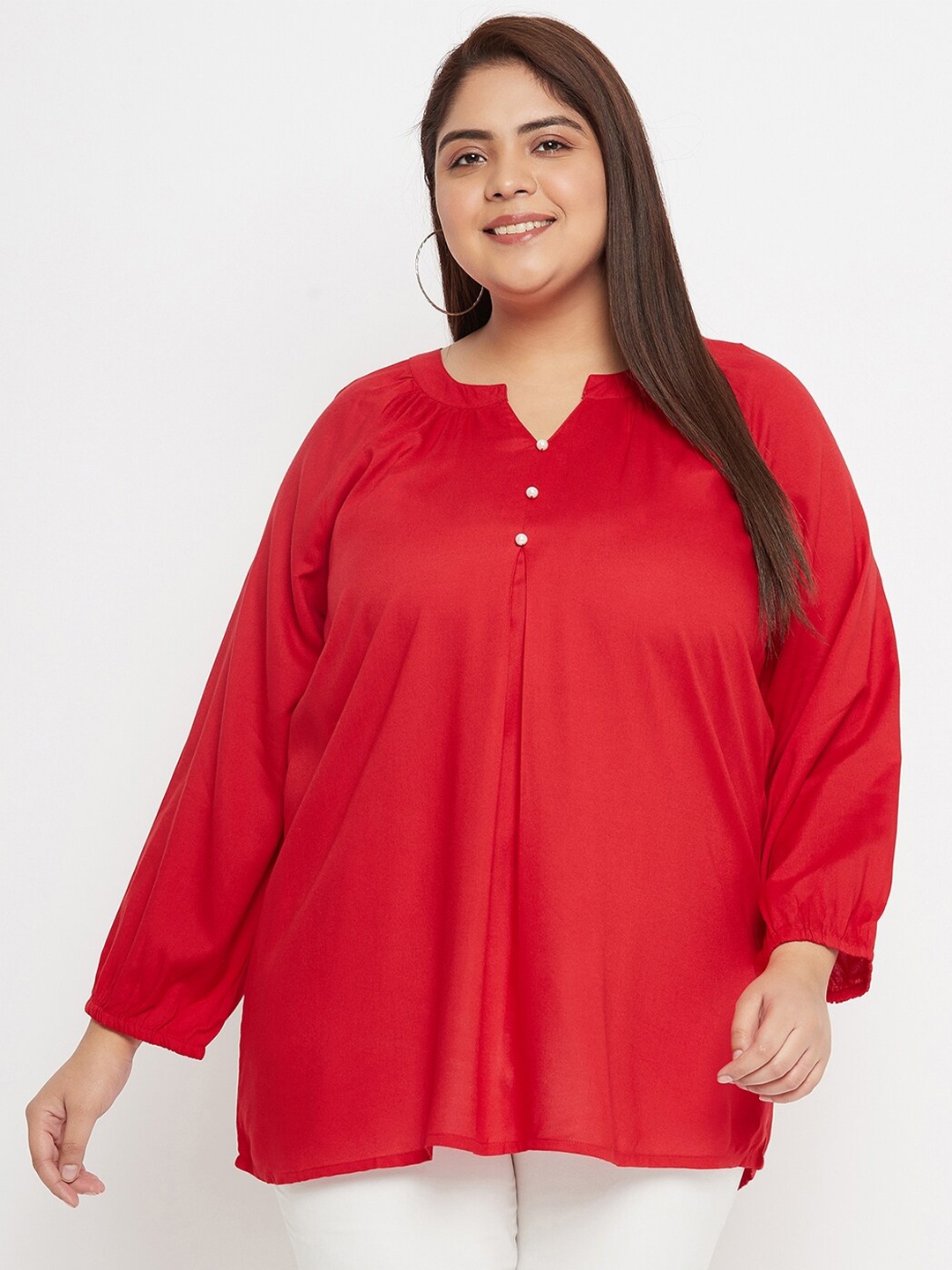 

VINAAN Plus Size Band Collar Long Sleeves Shirt Style Top, Red