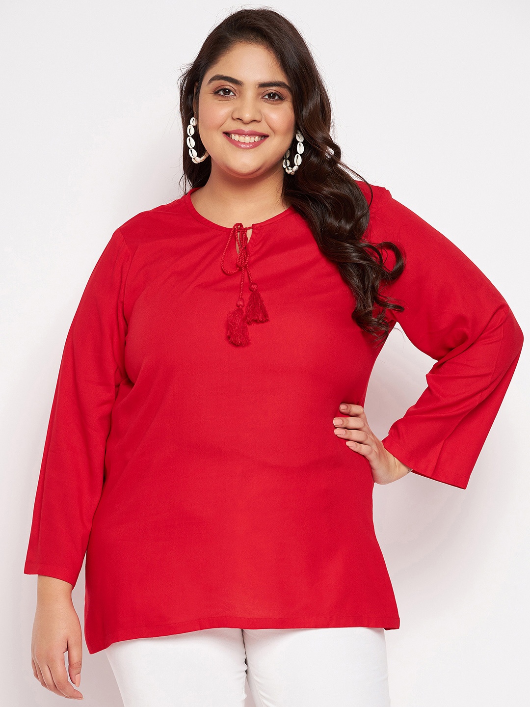 

VINAAN Tie-Up Neck Long Sleeves Opaque Top, Red