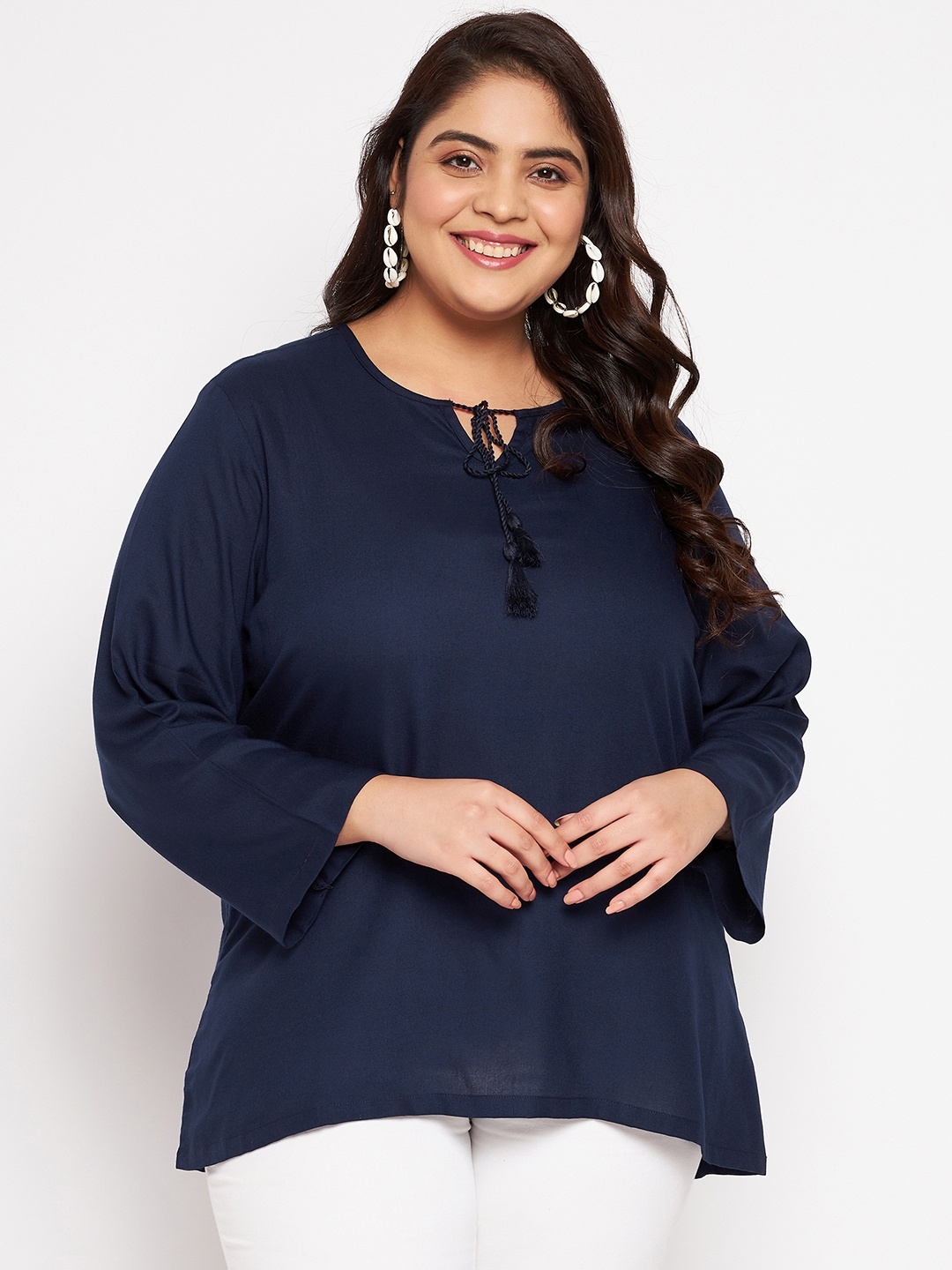 

VINAAN Tie-Up Neck Flared Sleeve Plus Size Casual Top, Navy blue