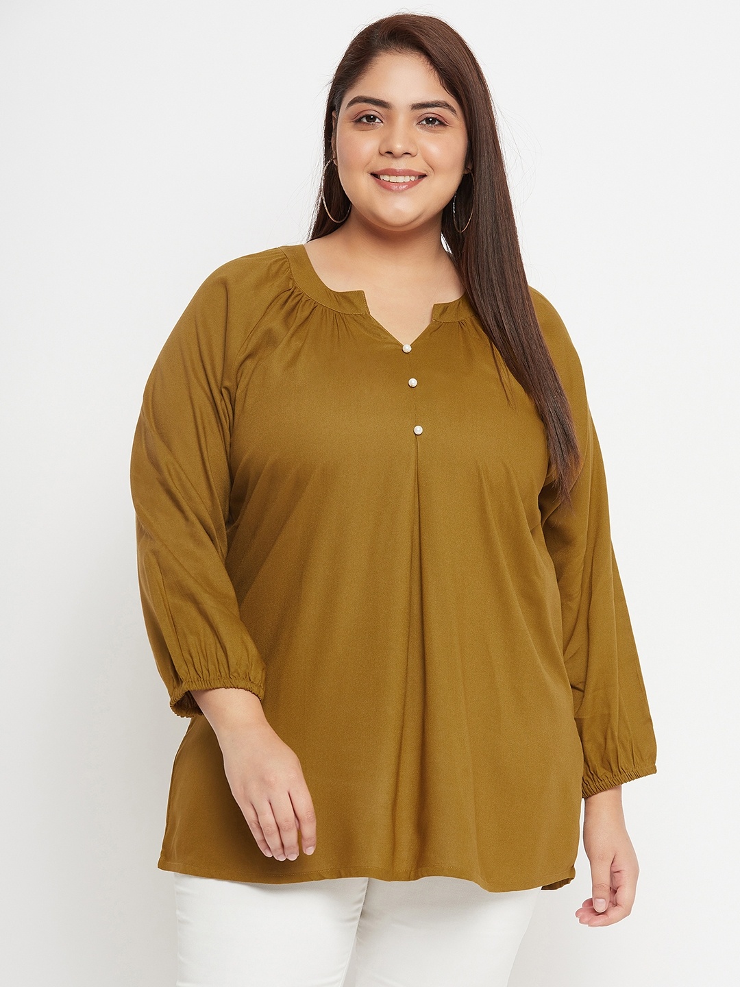 

VINAAN Notch Neck Long Puff Sleeve Top, Brown