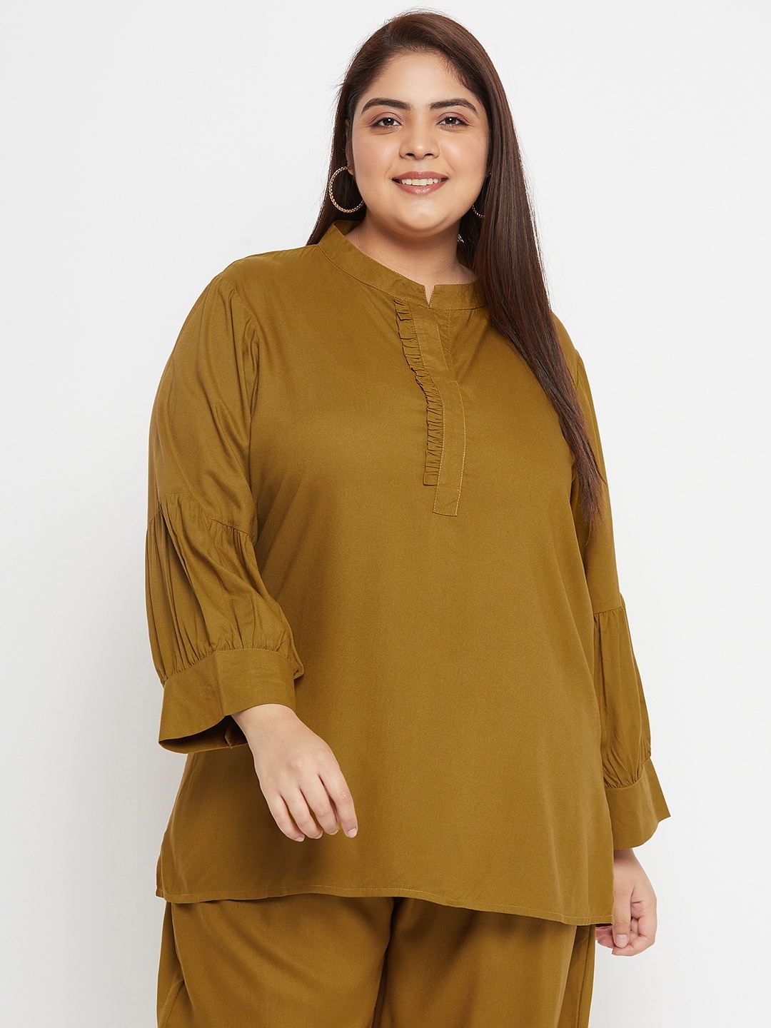 

VINAAN Plus Size Mandarin Collar Bell Sleeve Top, Brown