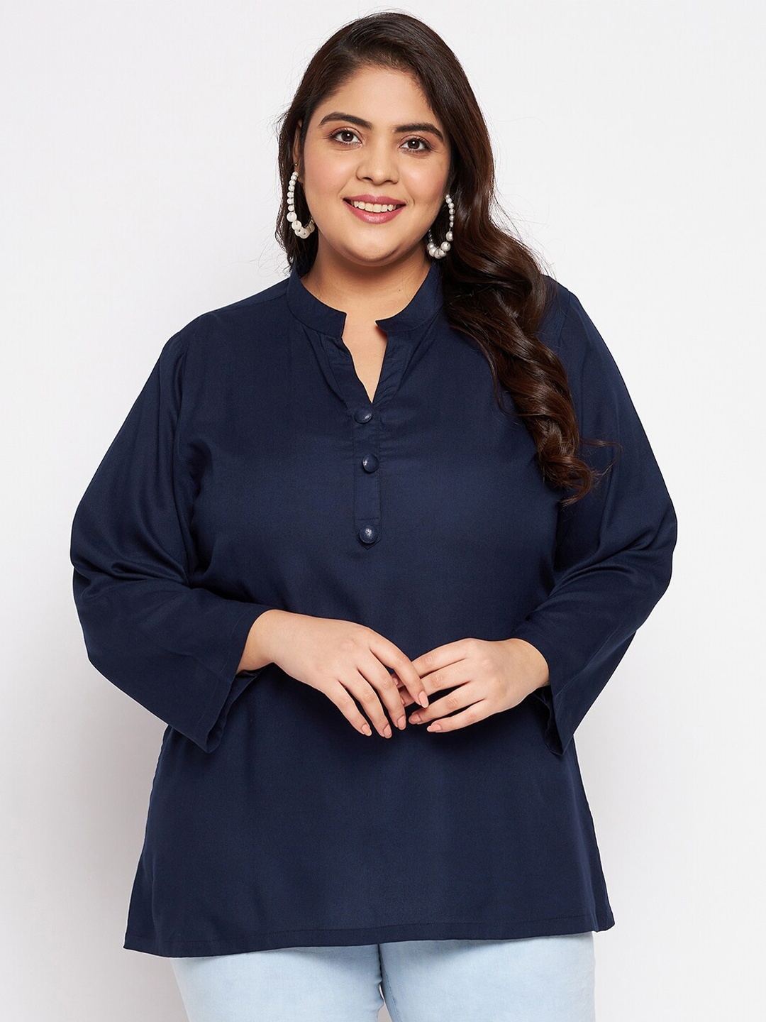 

VINAAN Plus Size Band Collar Long Sleeves Shirt Style Top, Navy blue