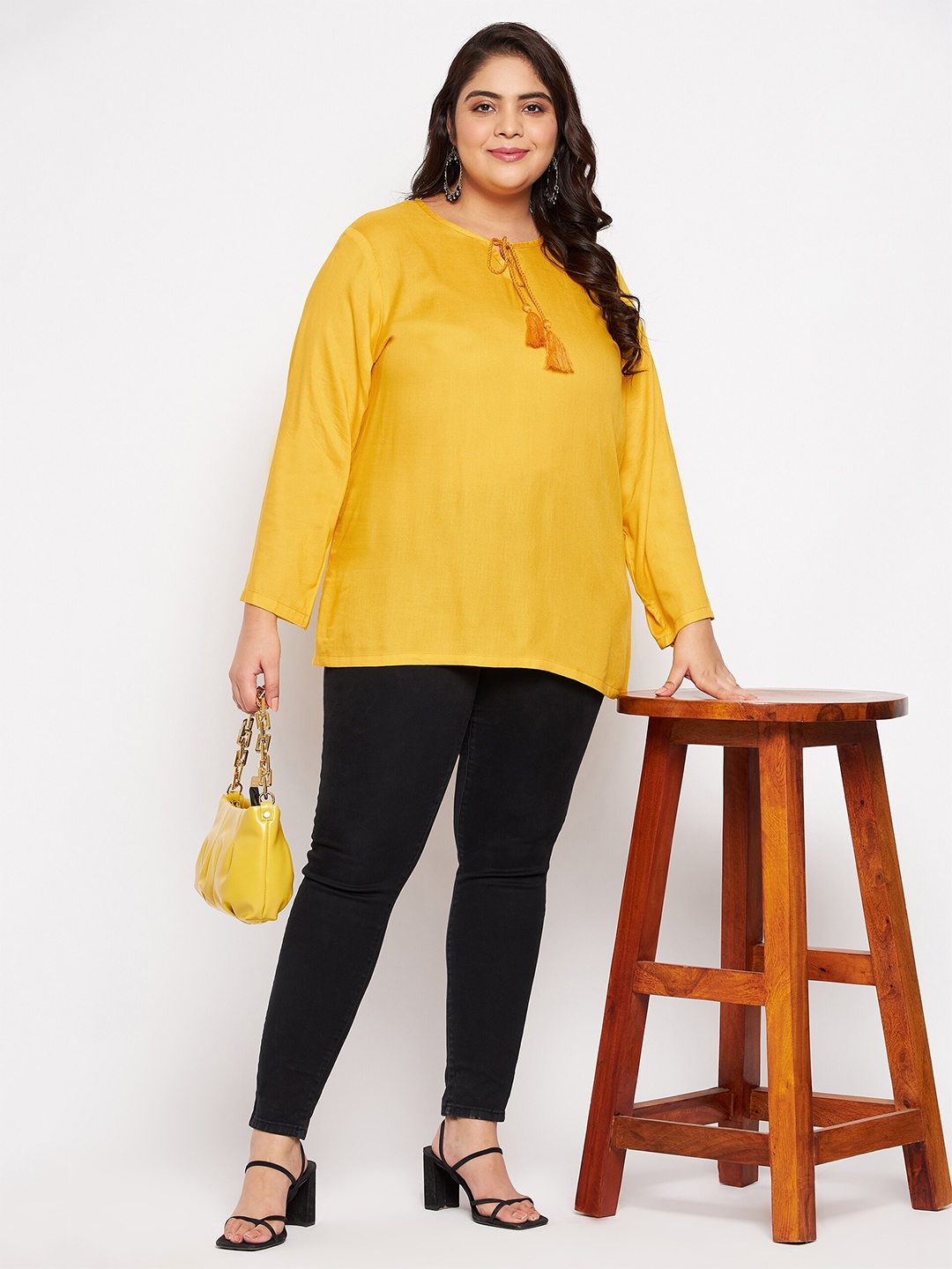 

VINAAN Plus Size Tie-Up Neck Long Sleeves Casual Top, Yellow