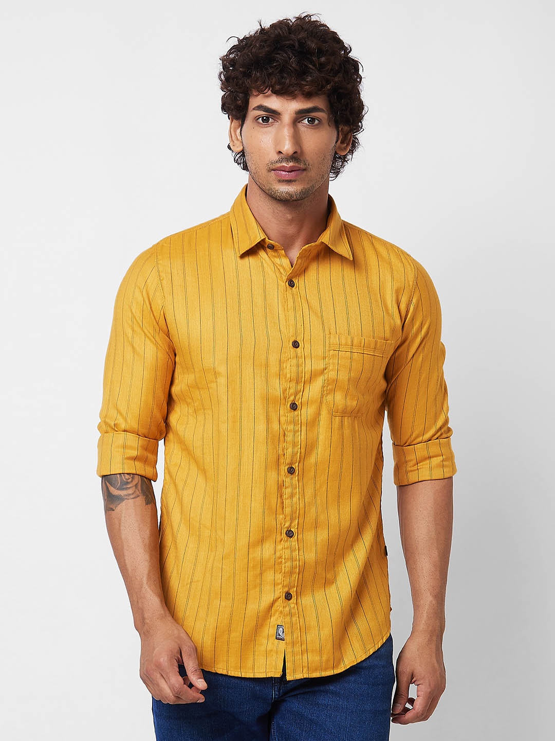 

SPYKAR Spread Collar Striped Casual Cotton Shirt, Yellow