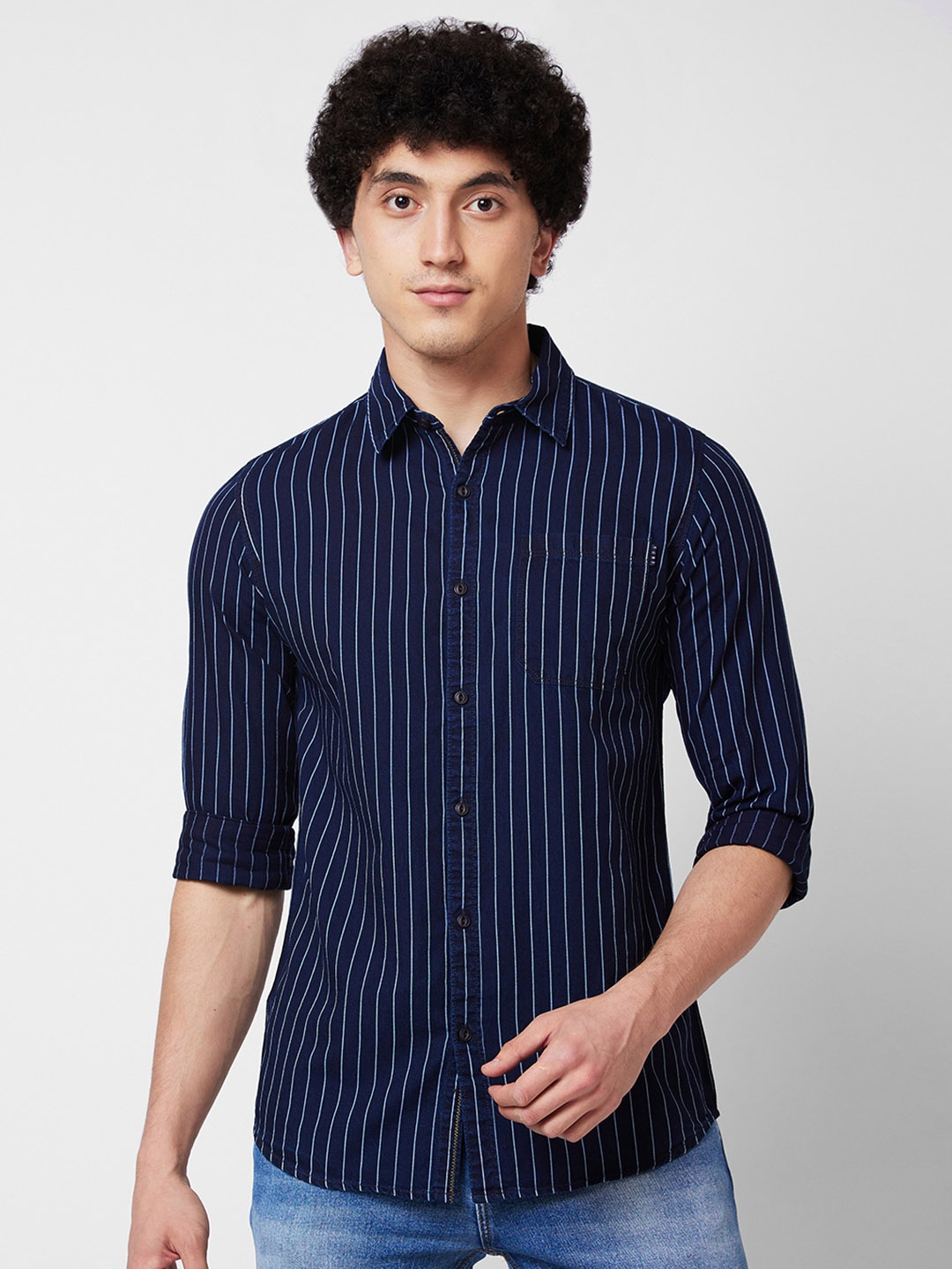 

SPYKAR Vertical Striped Long Sleeves Cotton Casual Shirt, Blue