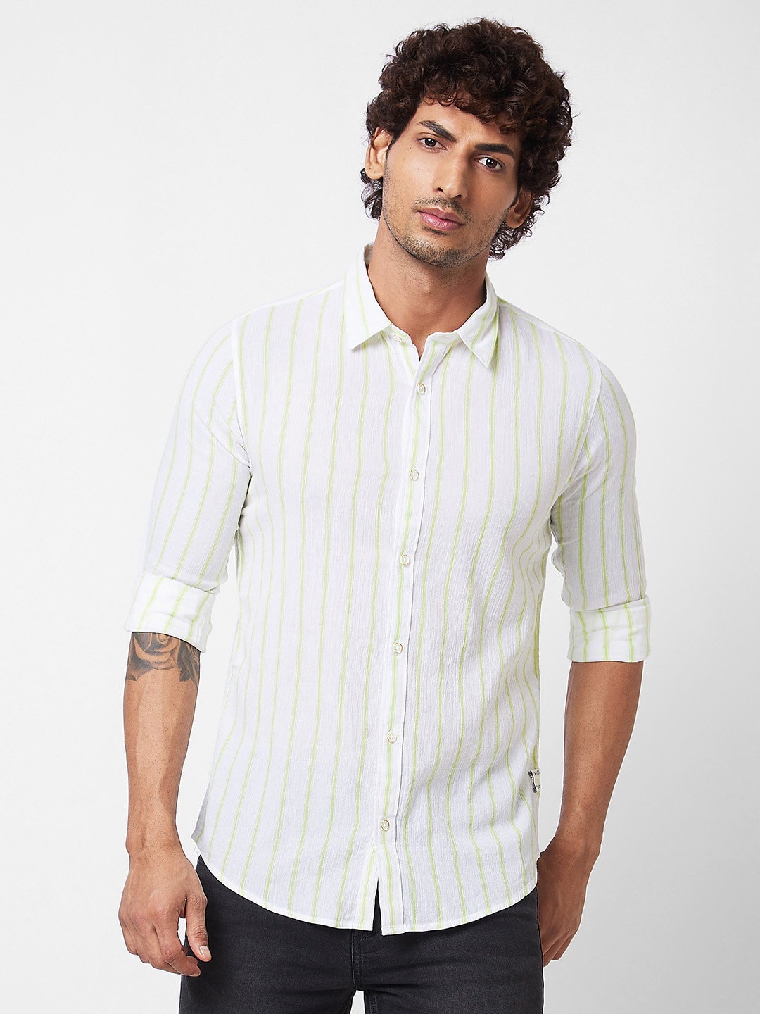 

SPYKAR Striped Cotton Casual Shirt, Green