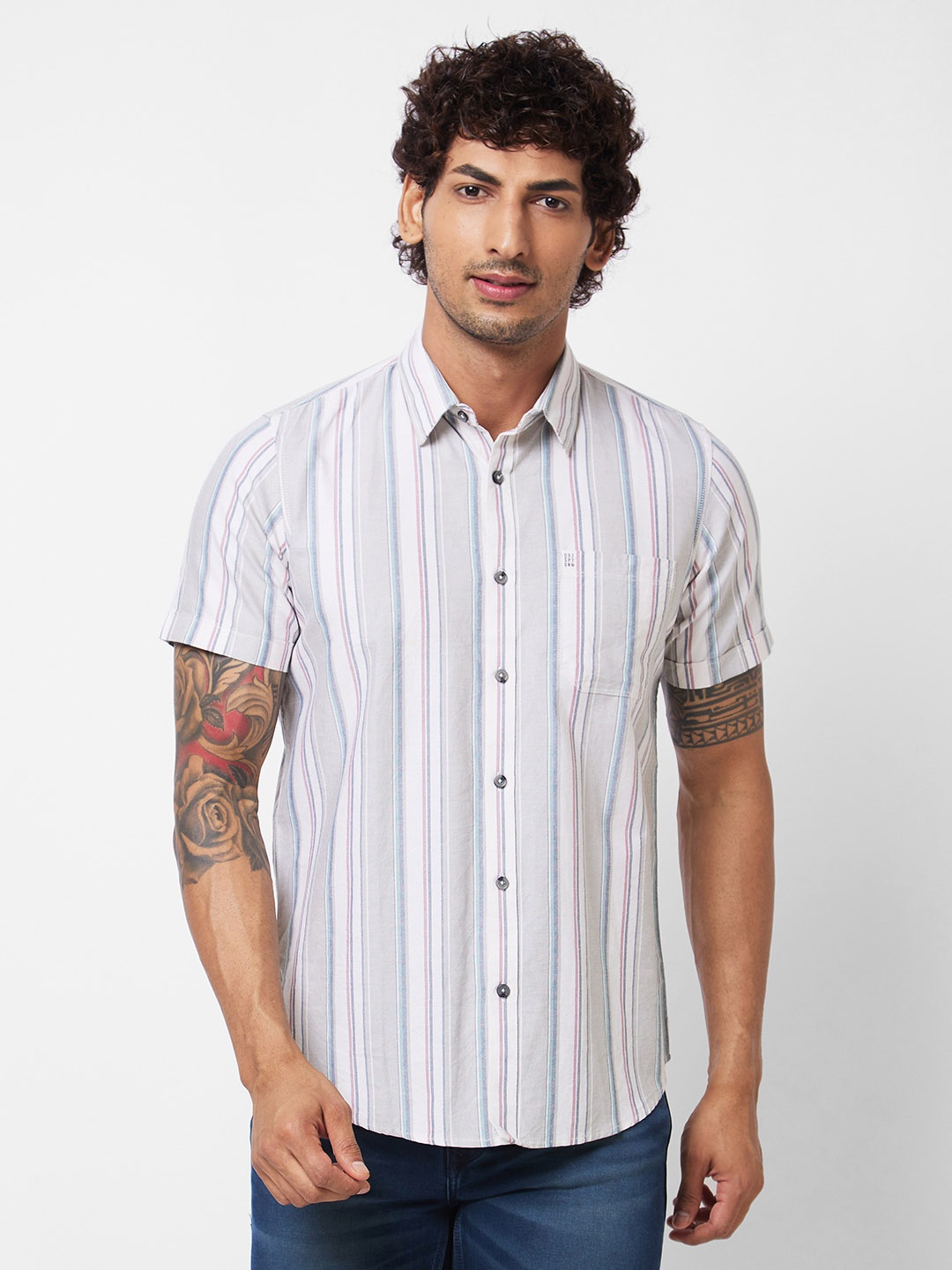 

SPYKAR Striped Cotton Casual Shirt, Grey