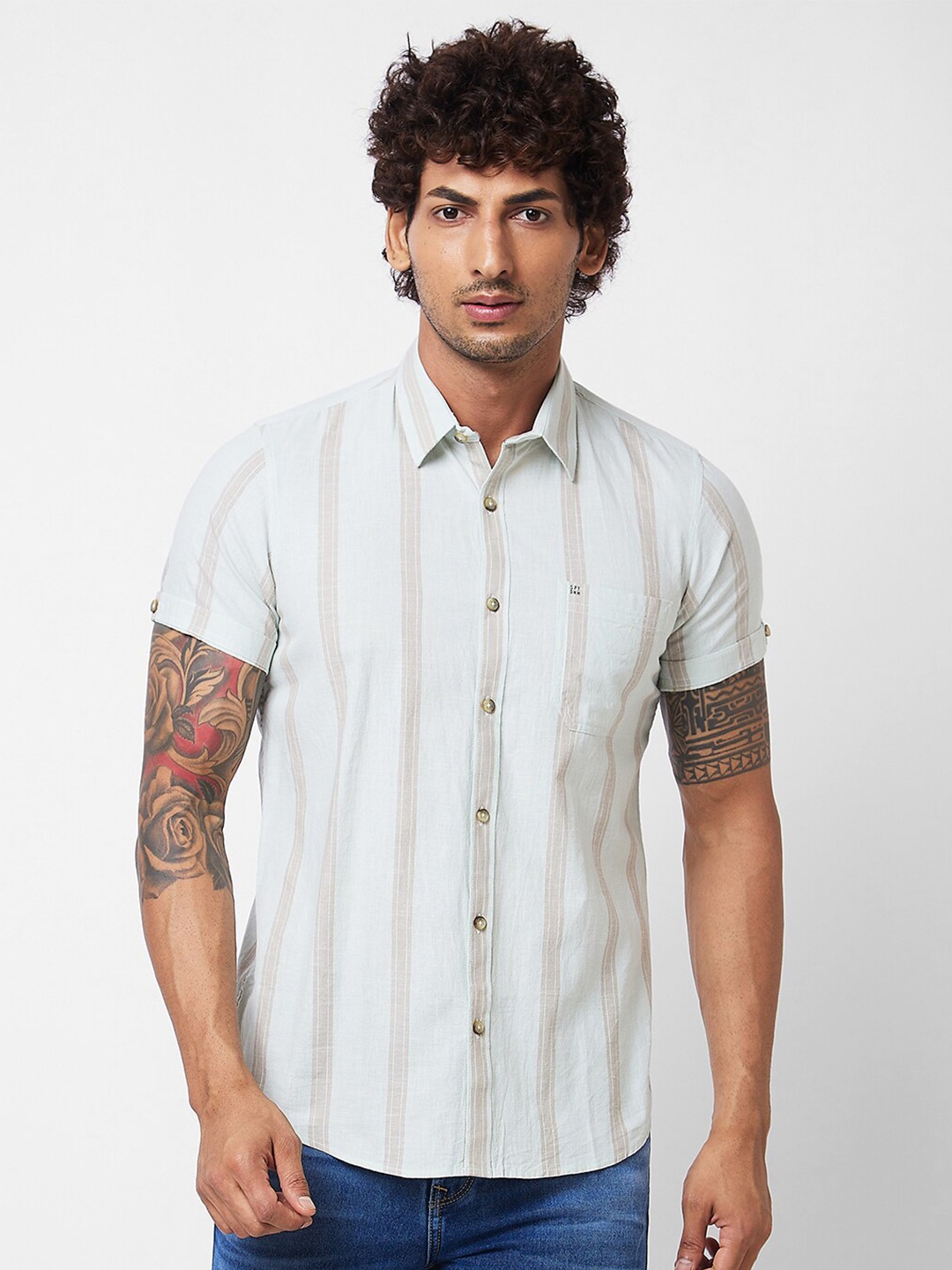 

SPYKAR Vertical Striped Cotton Linen Casual Shirt, Green