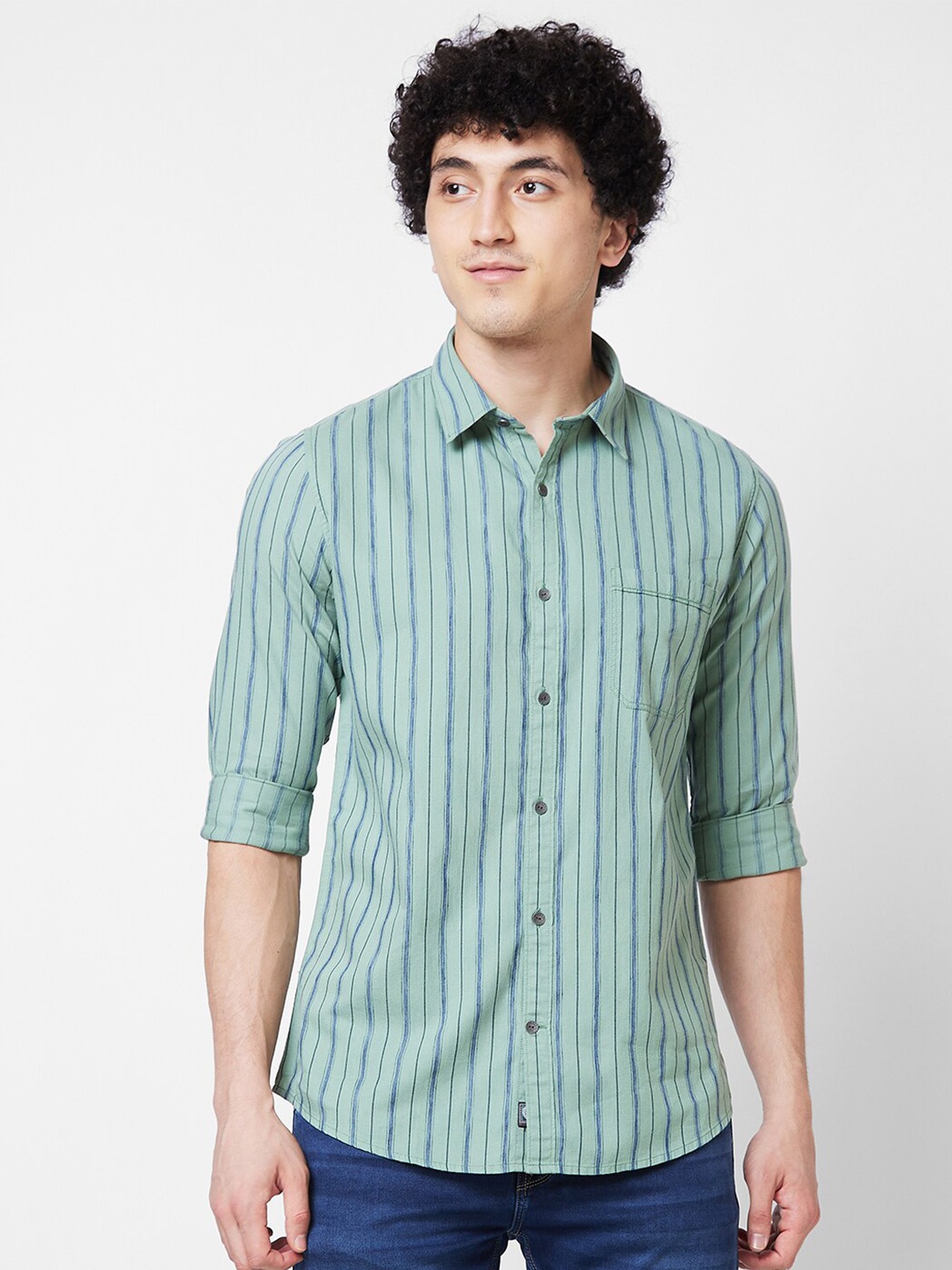 

SPYKAR Striped Cotton Casual Shirt, Green