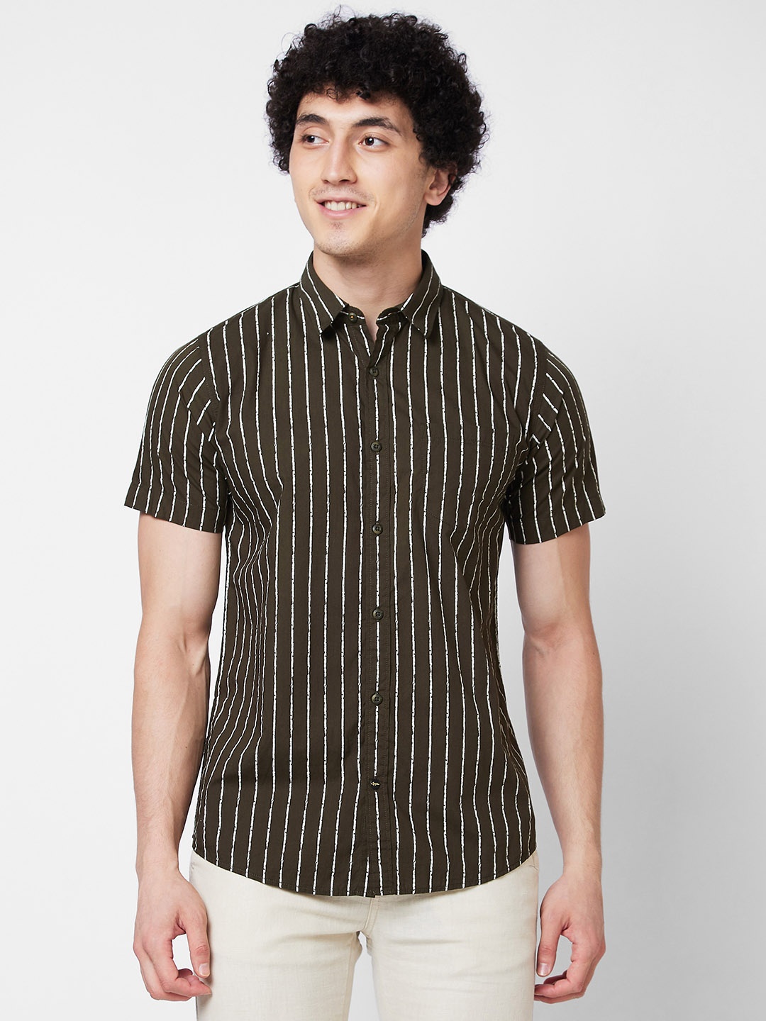

SPYKAR Vertical Stripes Cotton Casual Shirt, Green
