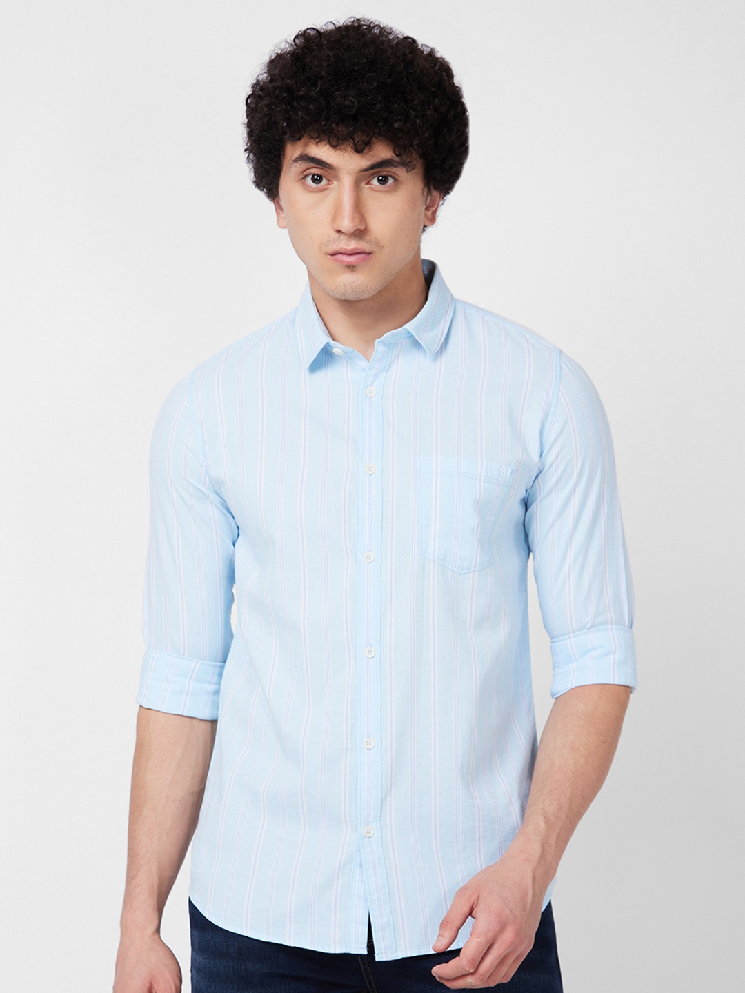 

SPYKAR Vertical Striped Spread Collar Long Sleeves Cotton Casual Shirt, Blue