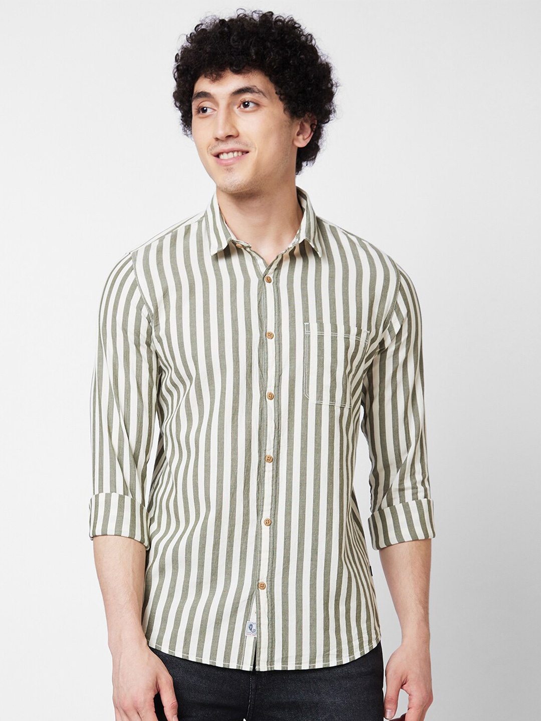 

SPYKAR Vertical Striped Spread Collar Cotton Casual Shirt, Green
