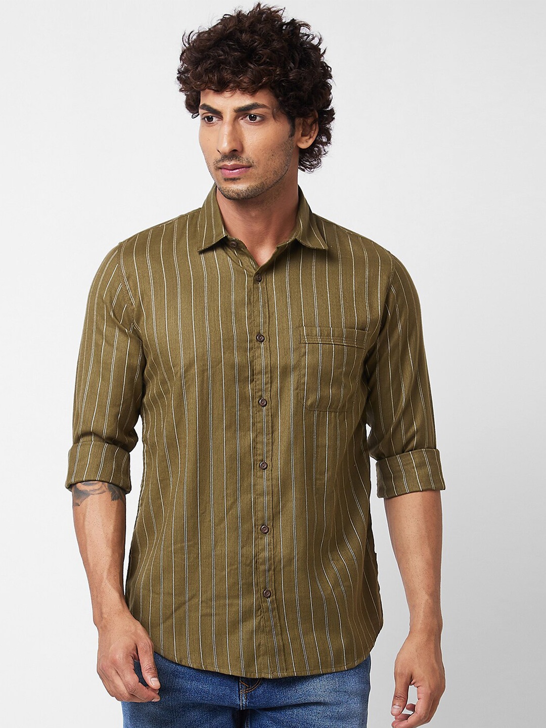 

SPYKAR Vertical Striped Cotton Shirt, Green