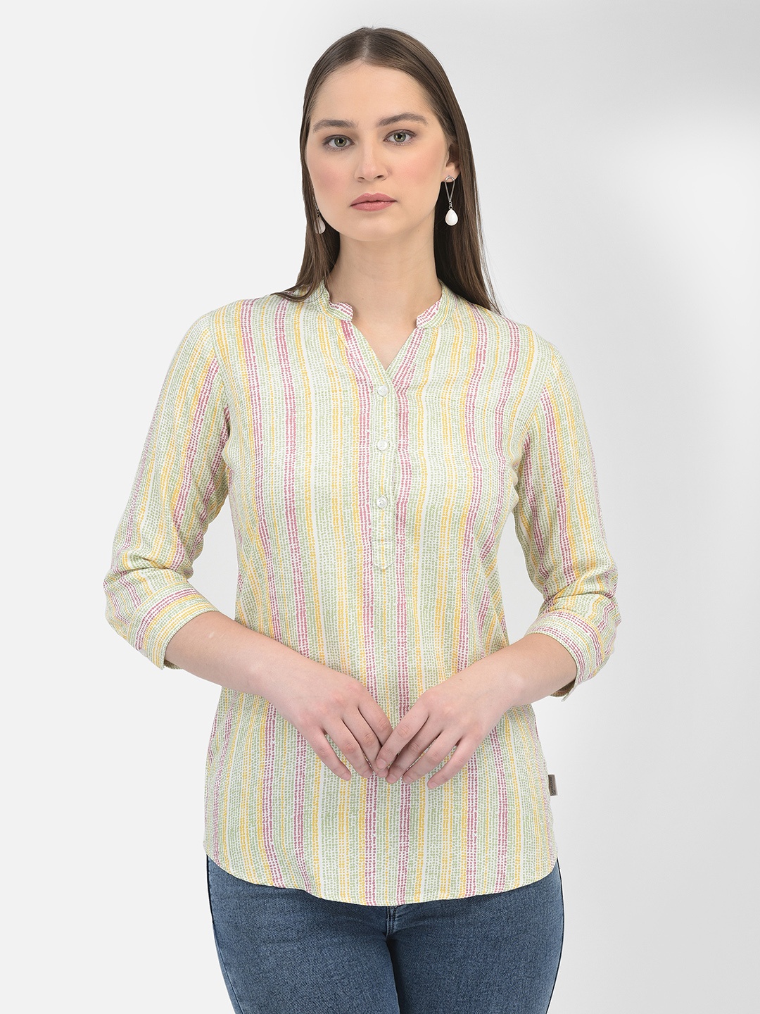 

Crimsoune Club Striped Cotton Shirt Style Top, White