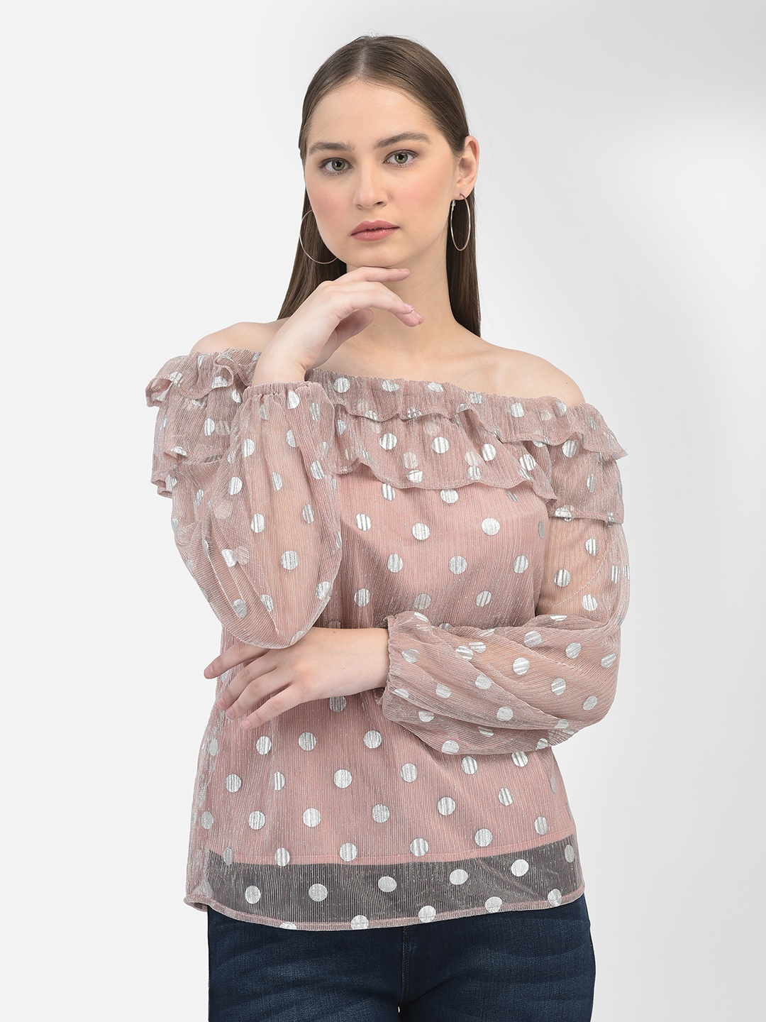 

Crimsoune Club Geometric Printed Off-Shoulder Ruffled Top, Peach