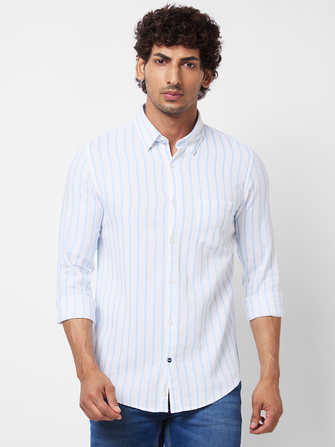 

SPYKAR Striped Spread Collar Long Sleeves Cotton Casual Shirt, Blue