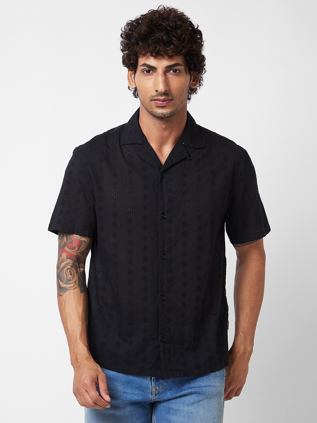 

SPYKAR Floral Self Design Cuban Collar Cotton Casual Shirt, Black