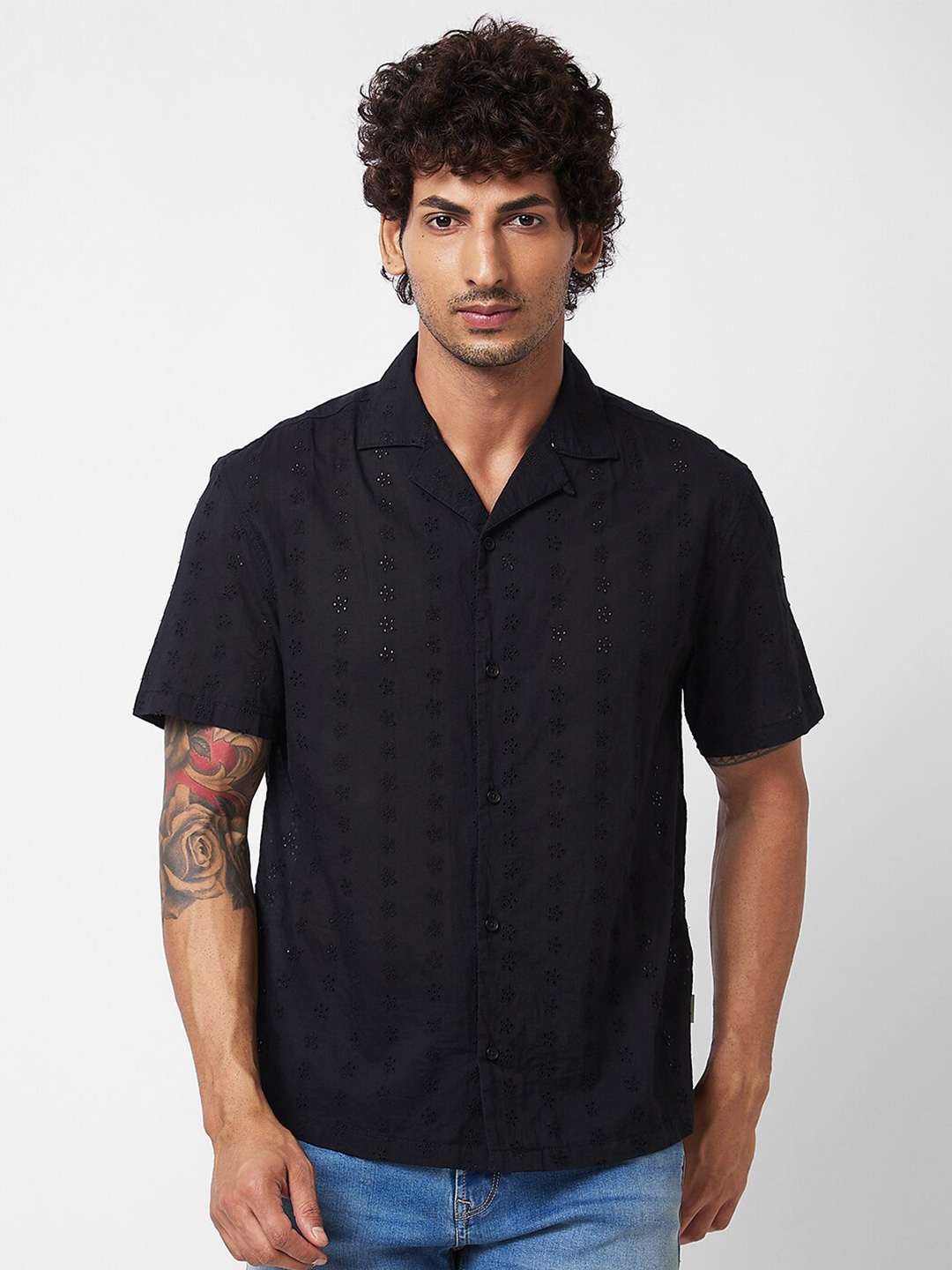 

SPYKAR Textured Cuban Collar Cotton Casual Shirt, Black