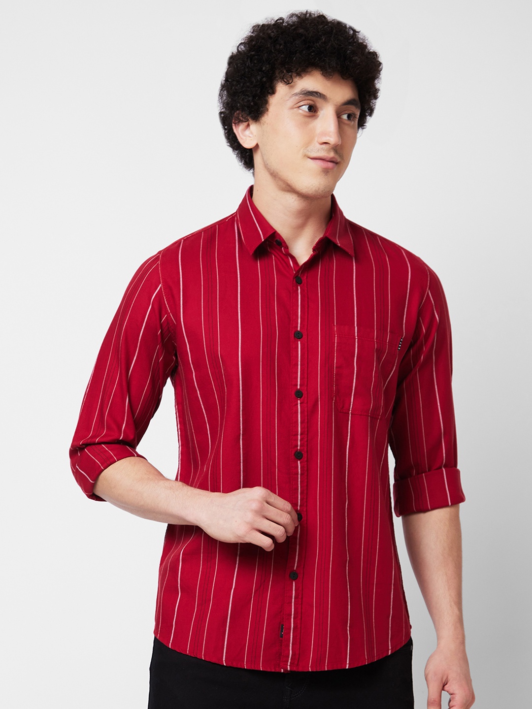 

SPYKAR Striped Spread Collar Long Sleeves Cotton Casual Shirt, Red