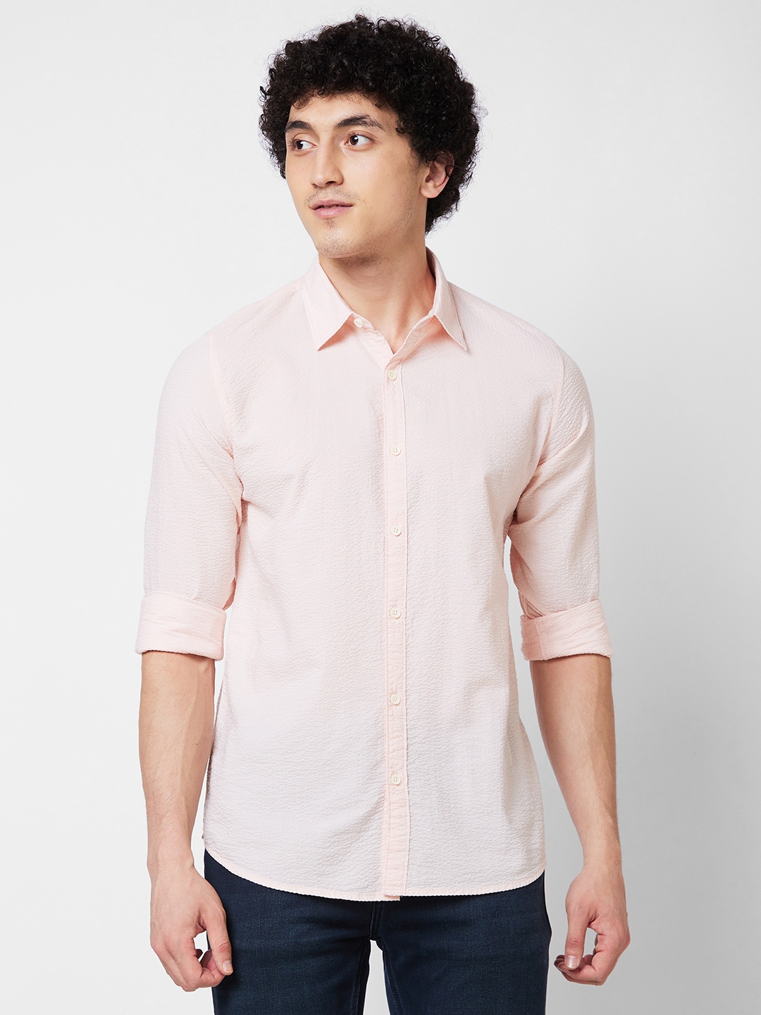 

SPYKAR Spread Collar Cotton Casual Shirt, Peach