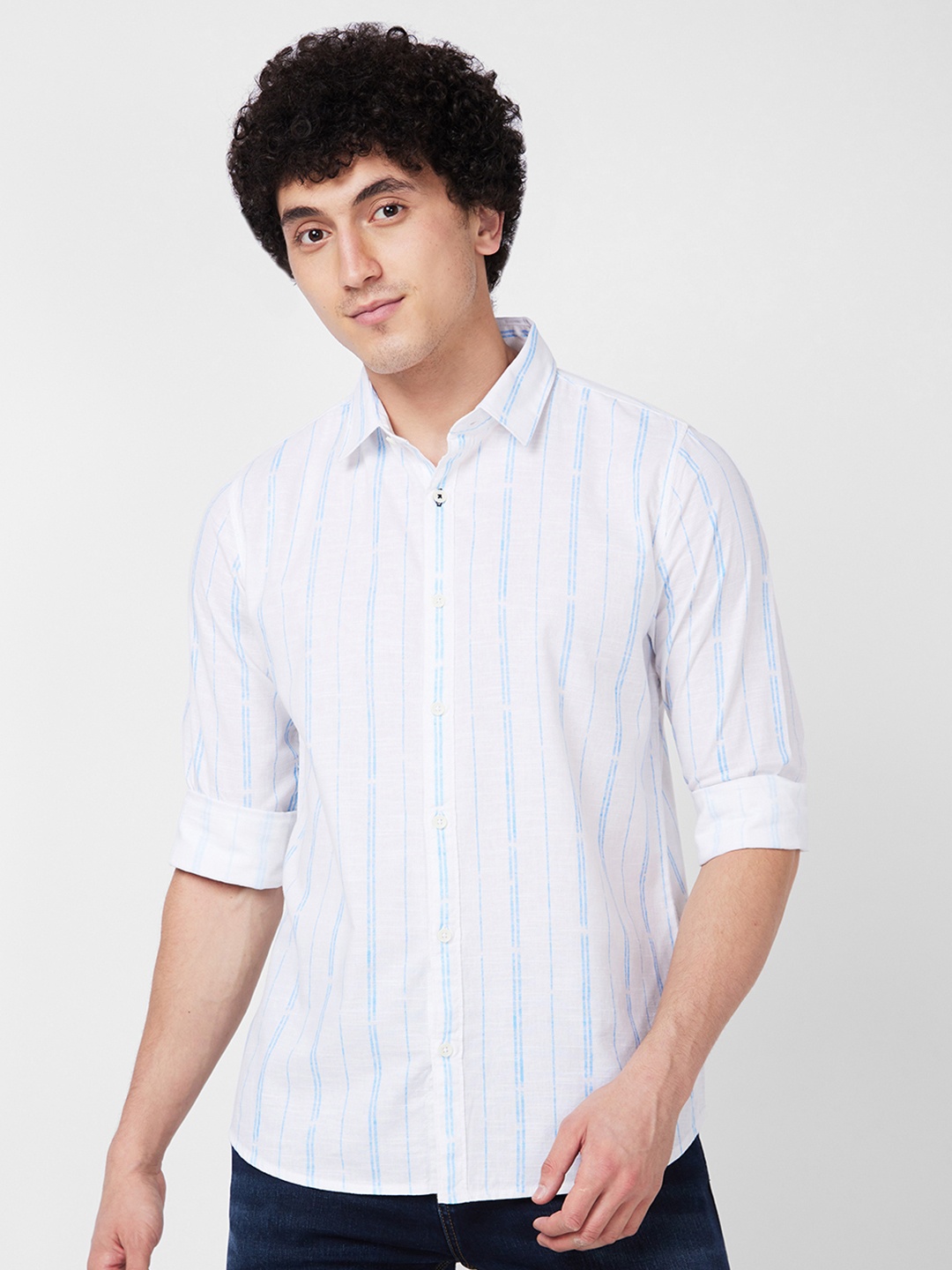 

SPYKAR Striped Spread Collar Long Sleeves Cotton Casual Shirt, Blue