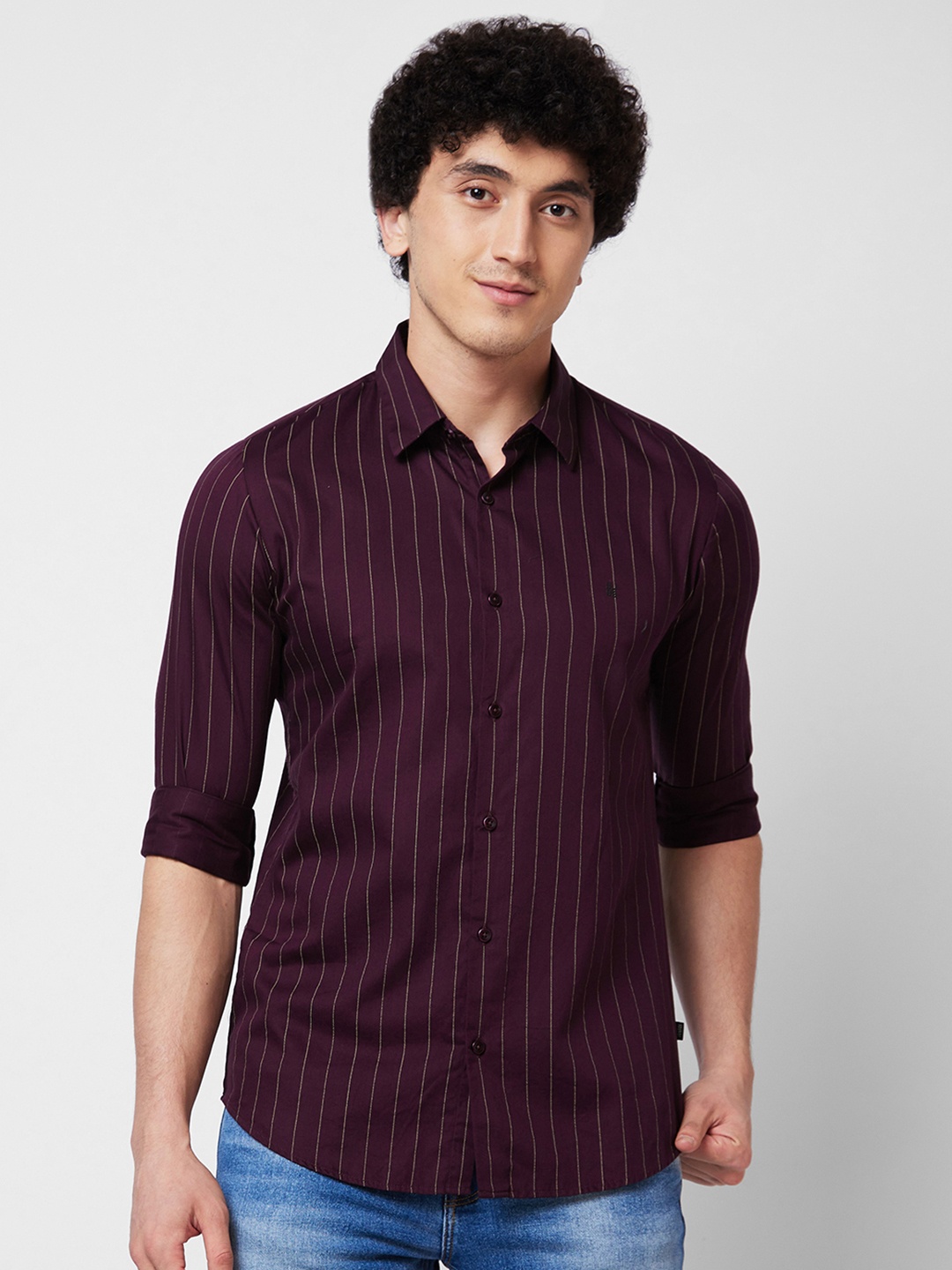 

SPYKAR Vertical Stripes Spread Collar Long Sleeves Cotton Casual Shirt, Red
