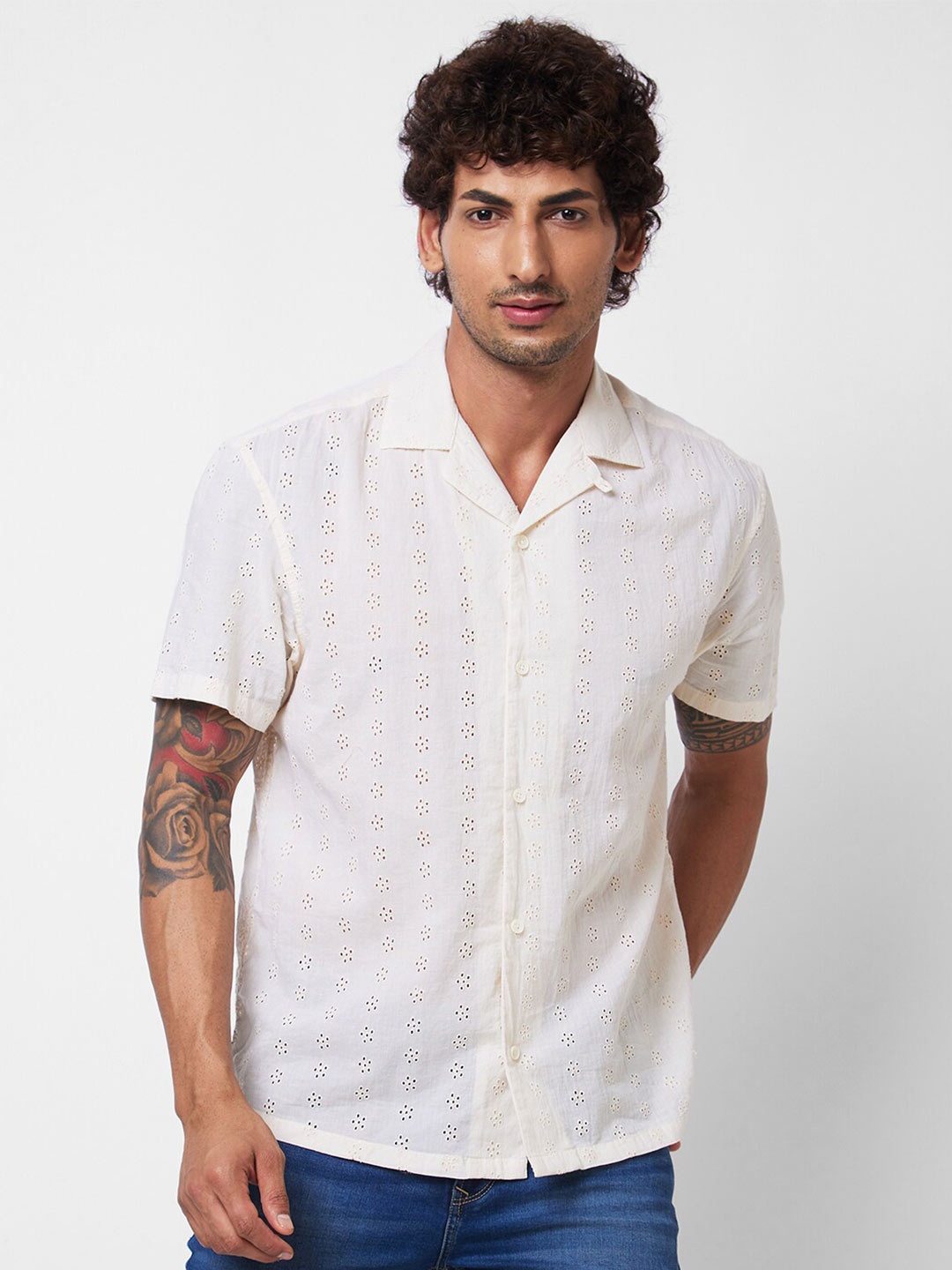 

SPYKAR Self Design Cuban Collar Cotton Casual Shirt, White