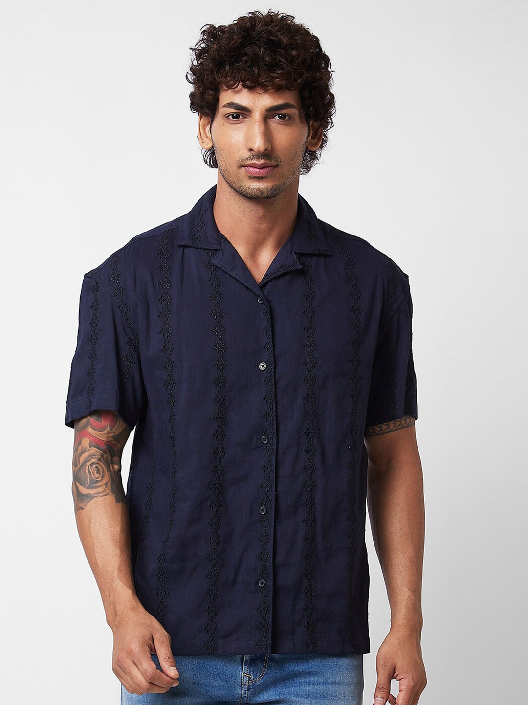 

SPYKAR Floral Embroidered Cuban Collar Cotton Casual Shirt, Blue